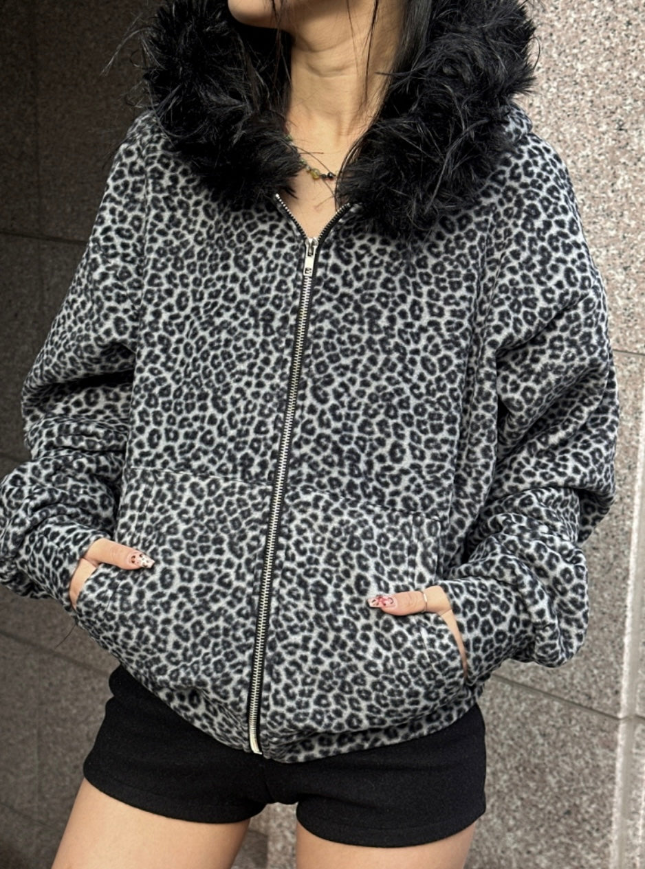 ‘AH AH’ leopard fur hoodie zip up