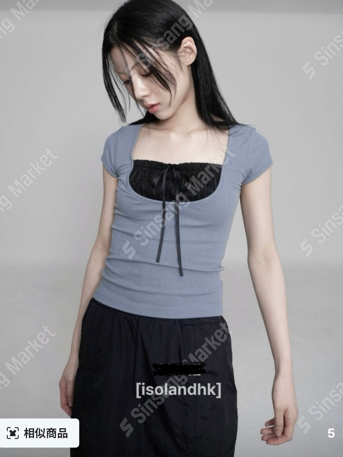 韓系氣質方領蕾絲絲帶元素短袖上衣