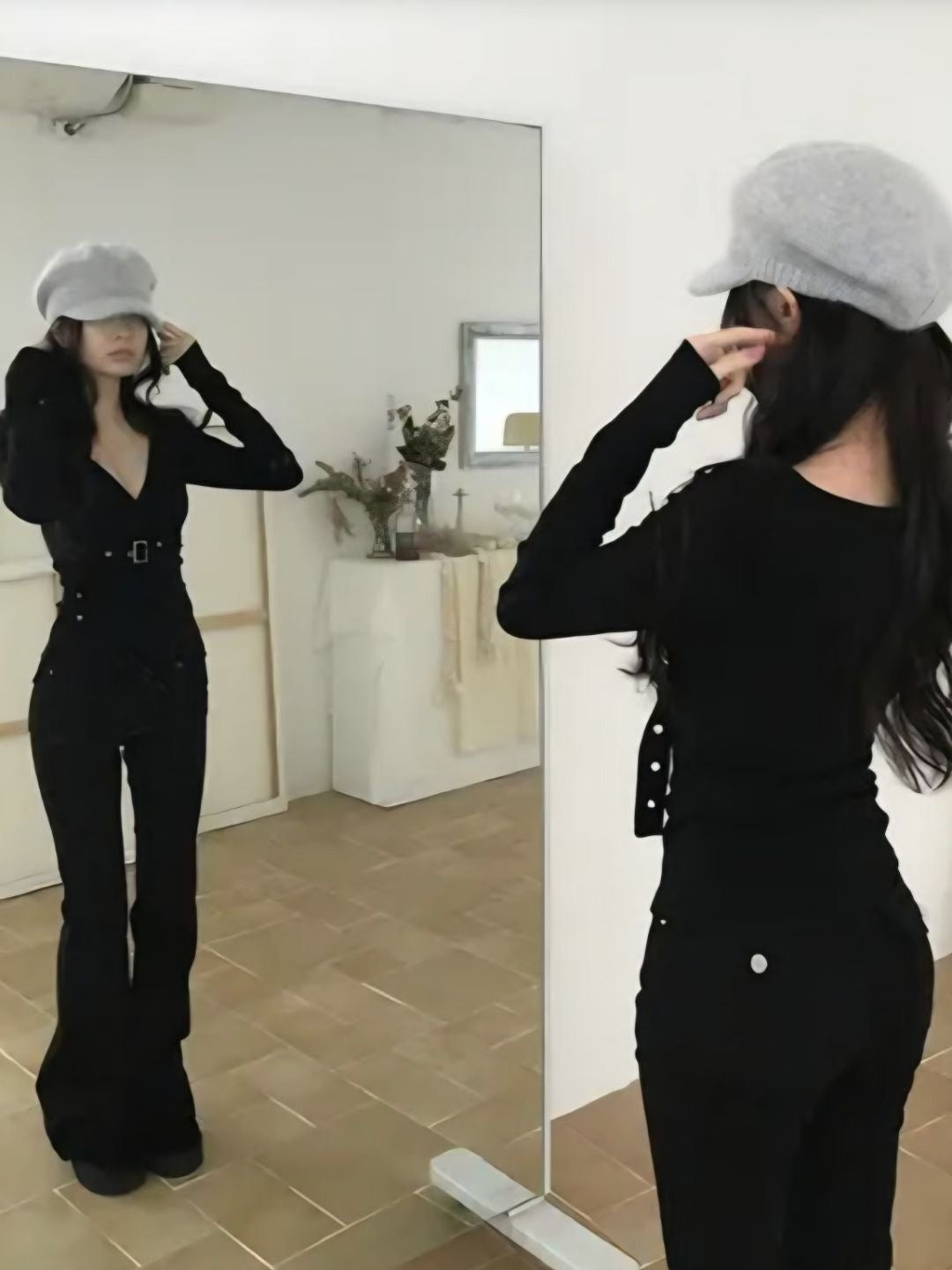 V neck with belt long sleeve