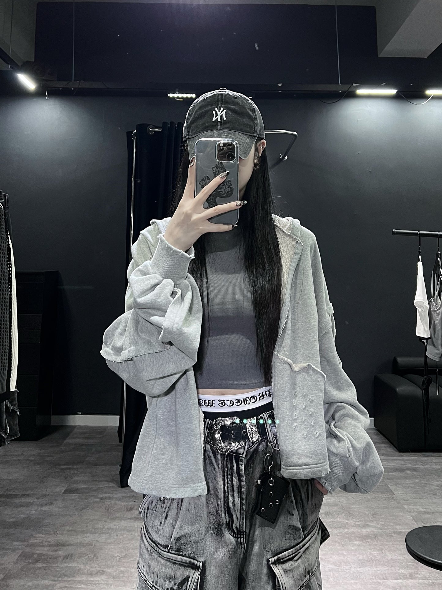 [unisex]磨爛邊雙拉鍊連帽衛衣