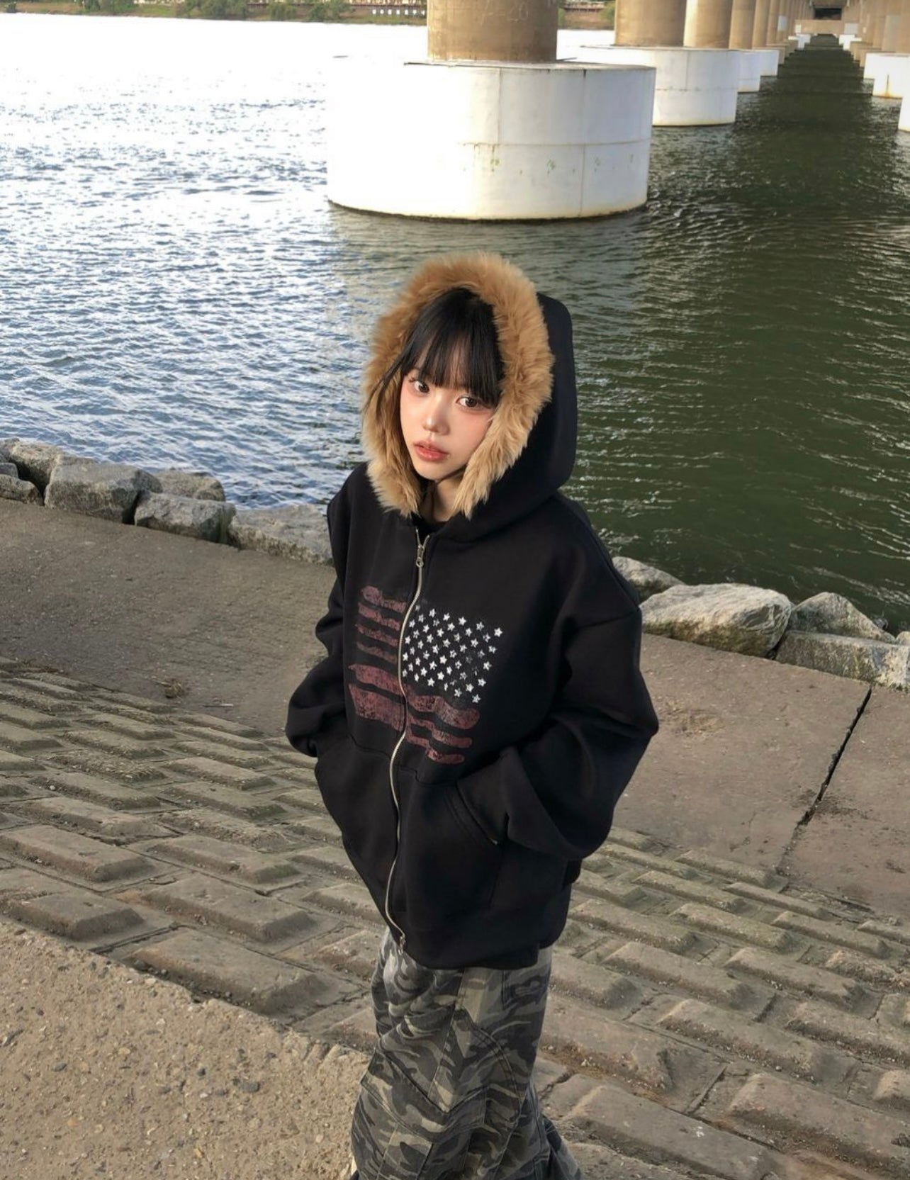 [unisex] American flag fur hoodie zip up