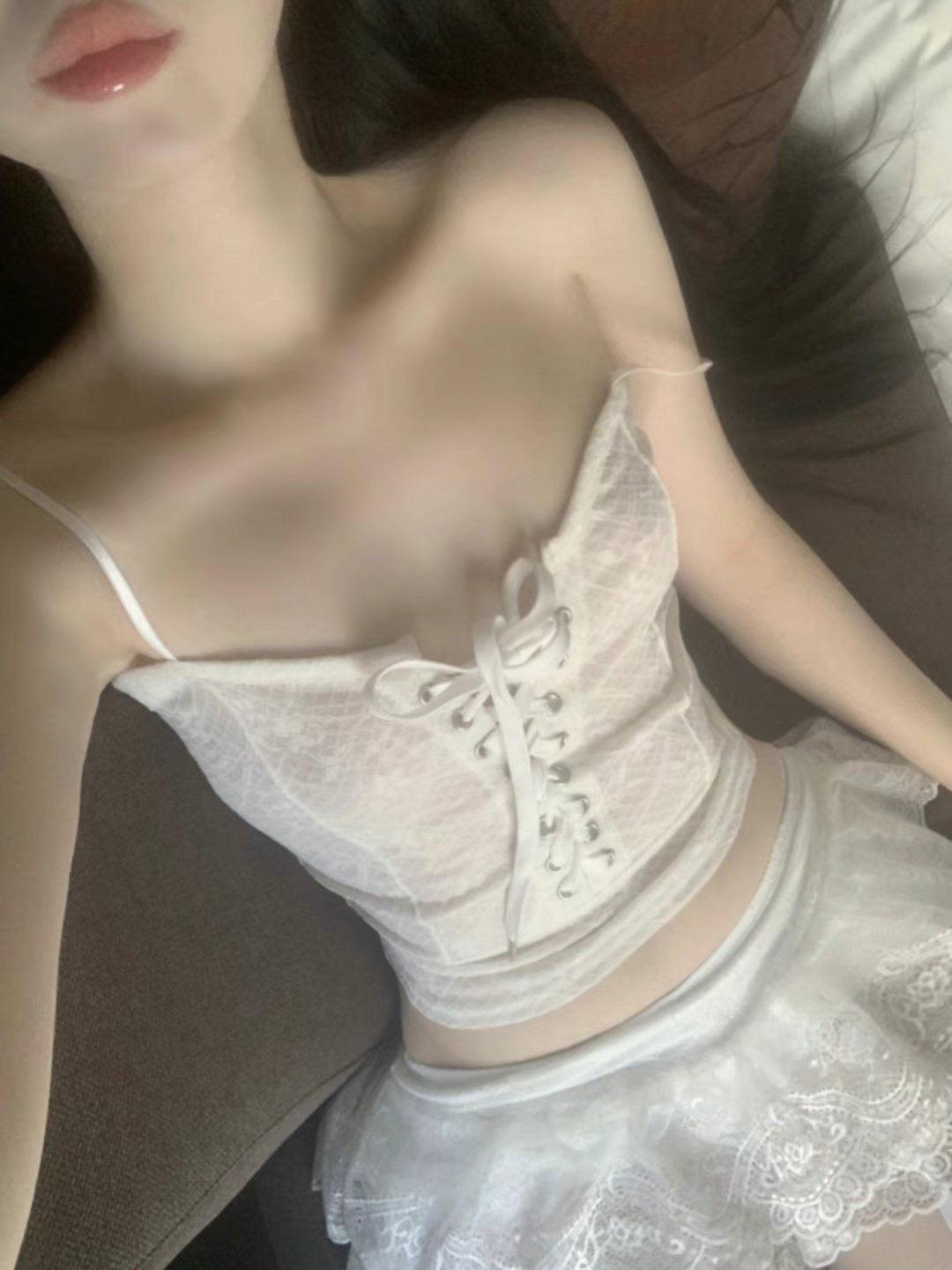 ‘TWINS’ ribbon lace tank top