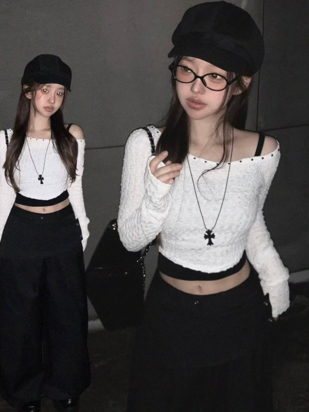 Wrinkle crop top with necklace