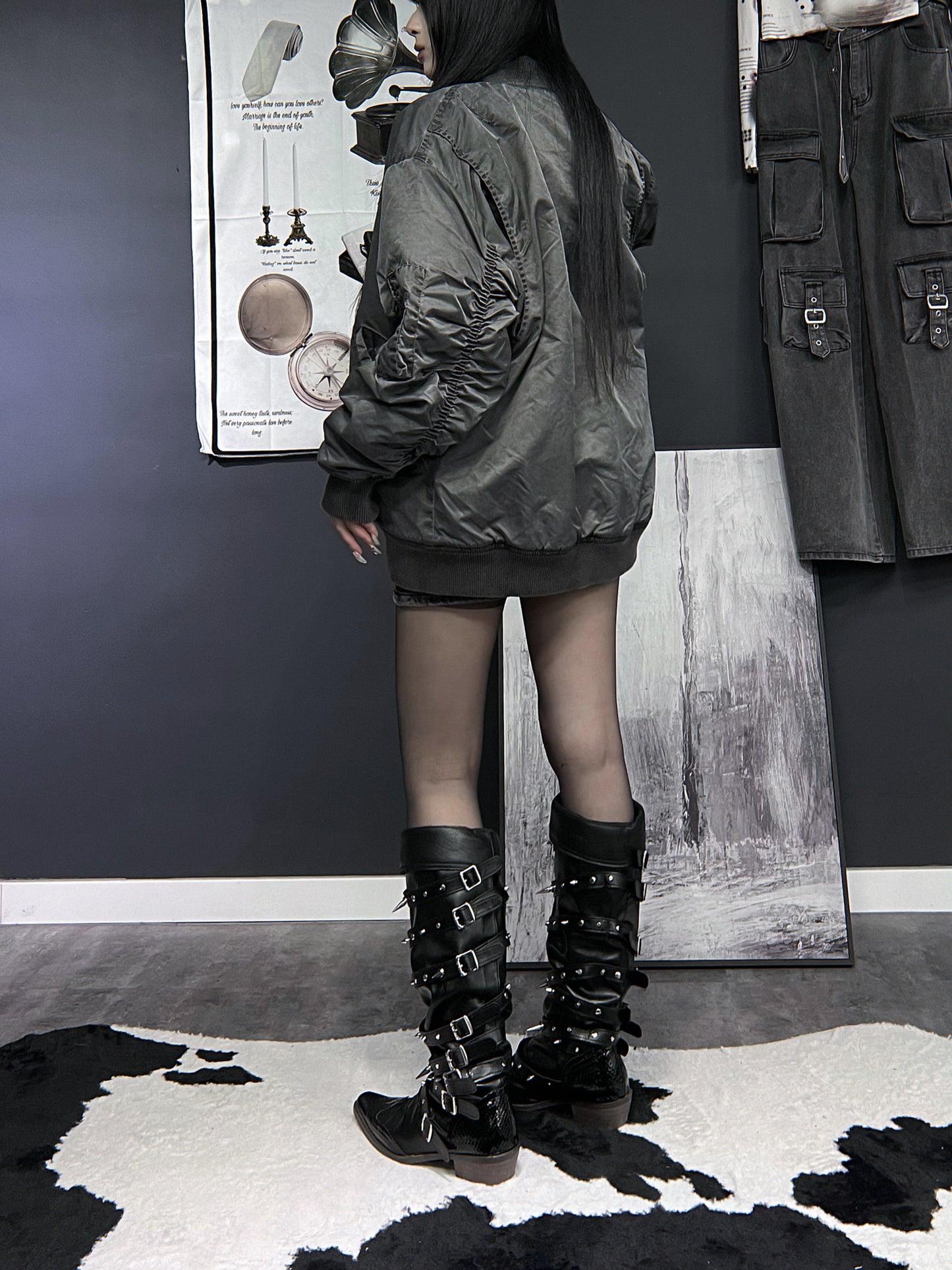 [ unisex ] 手袖皺摺造舊輪廓飛行員夾棉外套