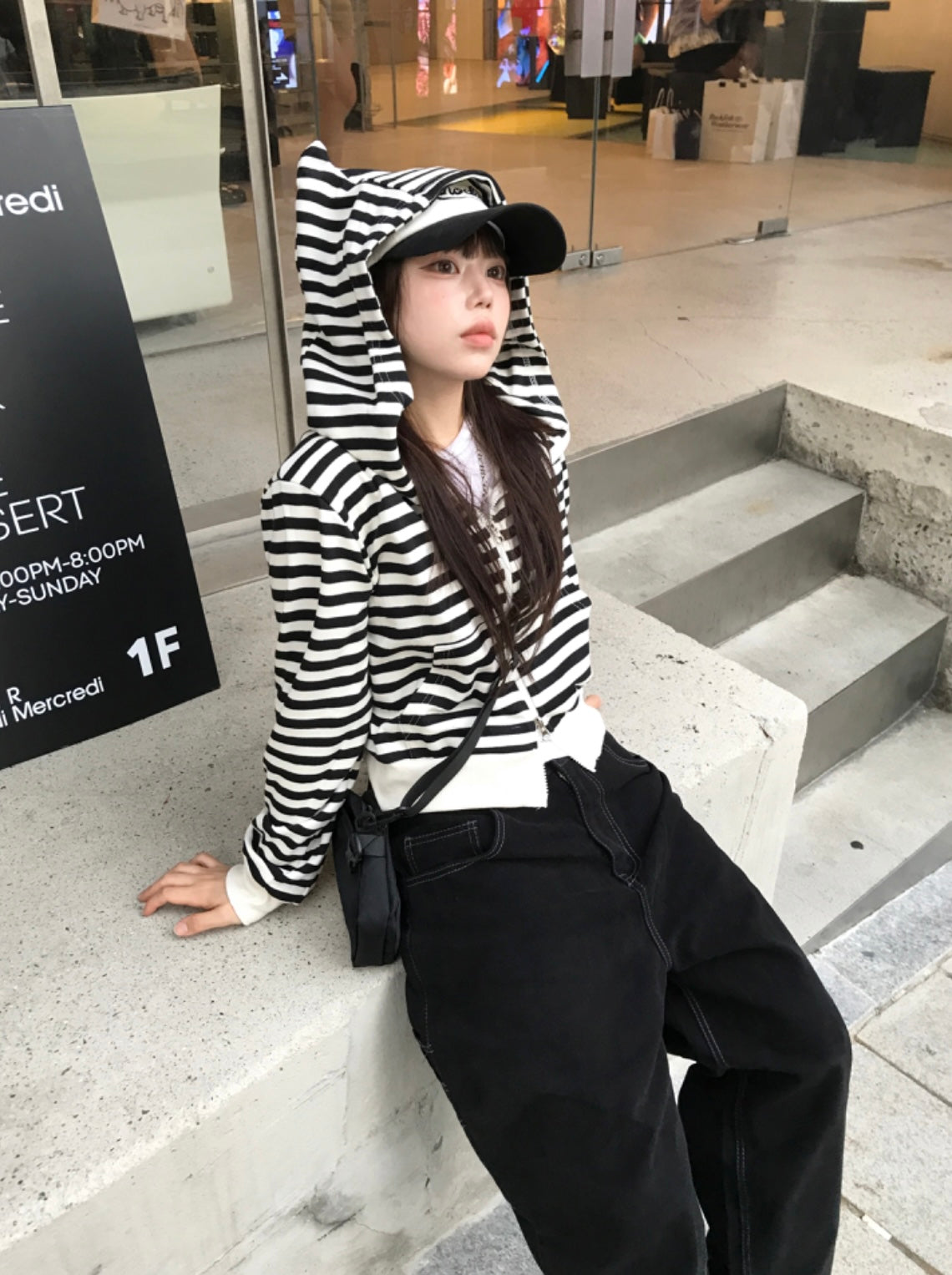 Cat ear stripe crop hoodie