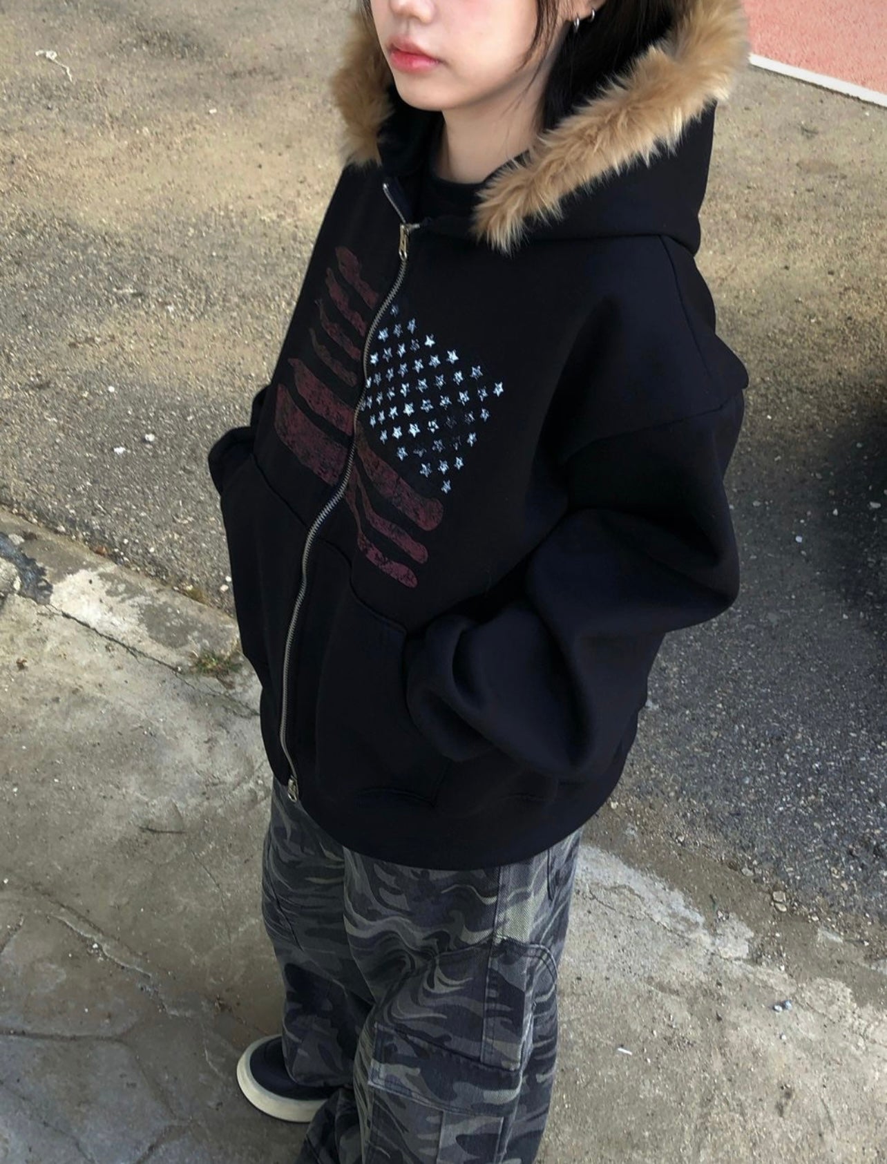 [unisex] American flag fur hoodie zip up