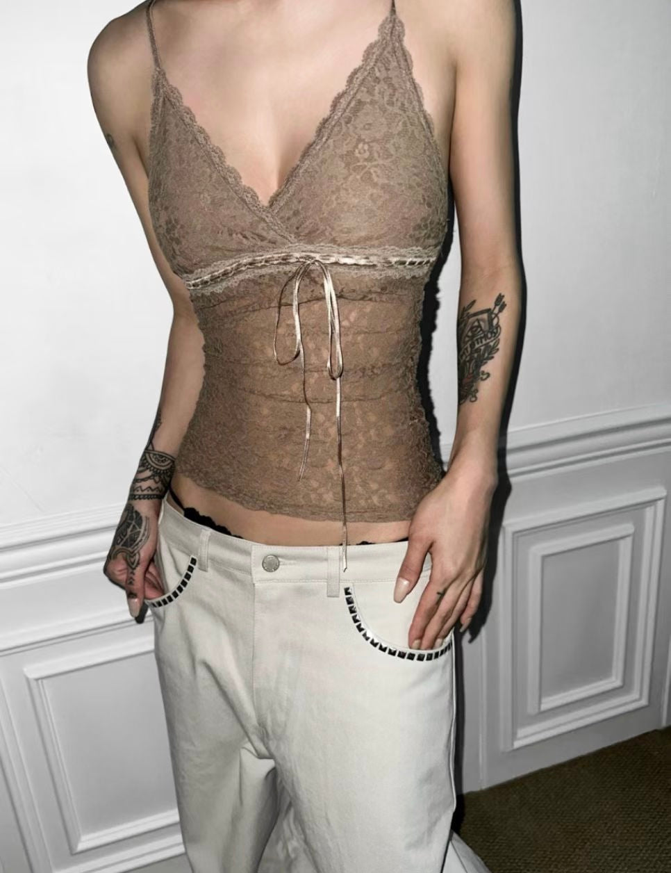 ‘Sign’ lace v neck cami top