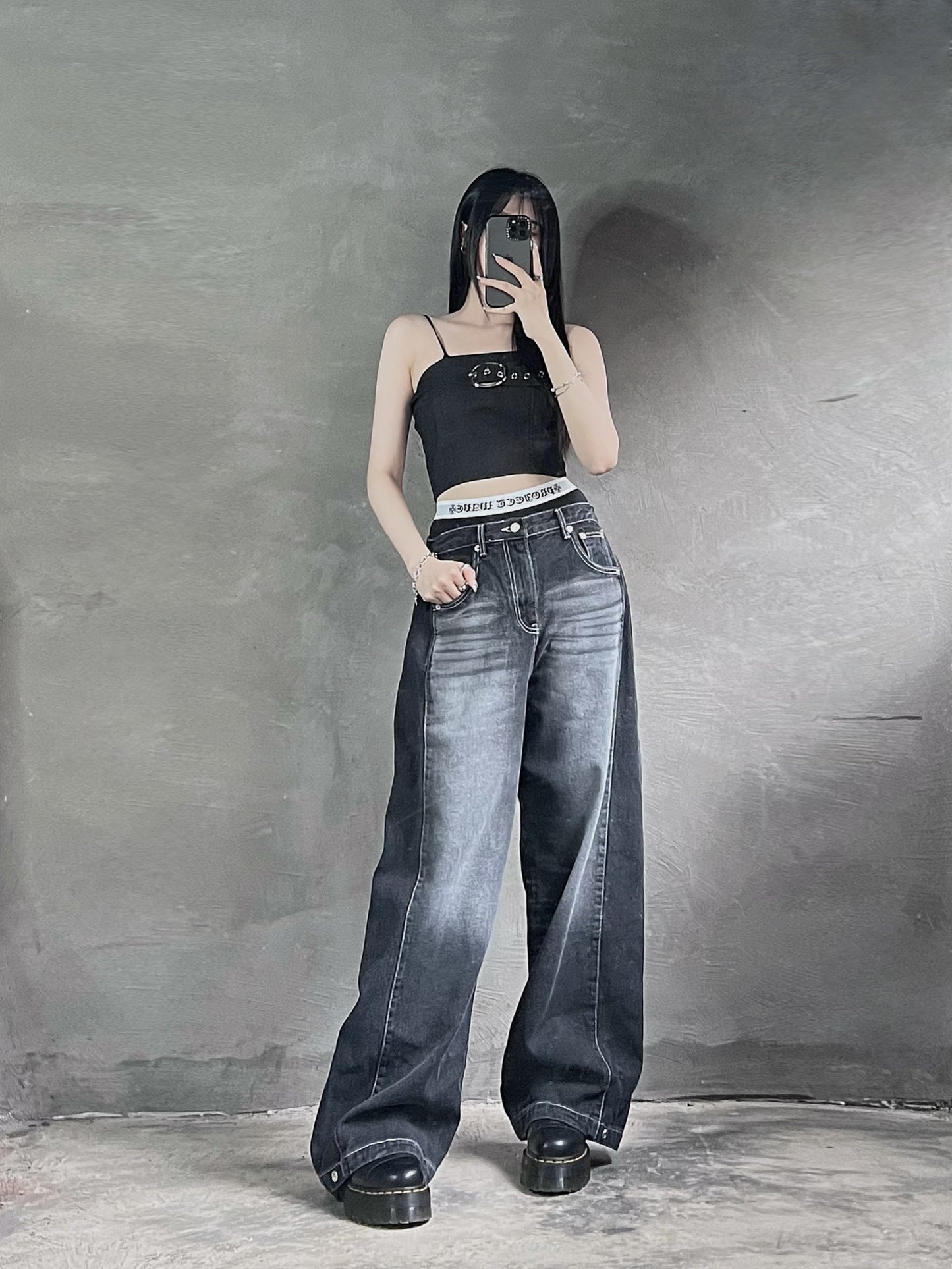 [unisex] 明線洗水啪鈕牛仔褲