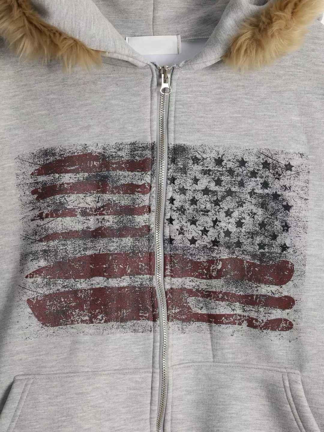 [unisex] American flag fur hoodie zip up