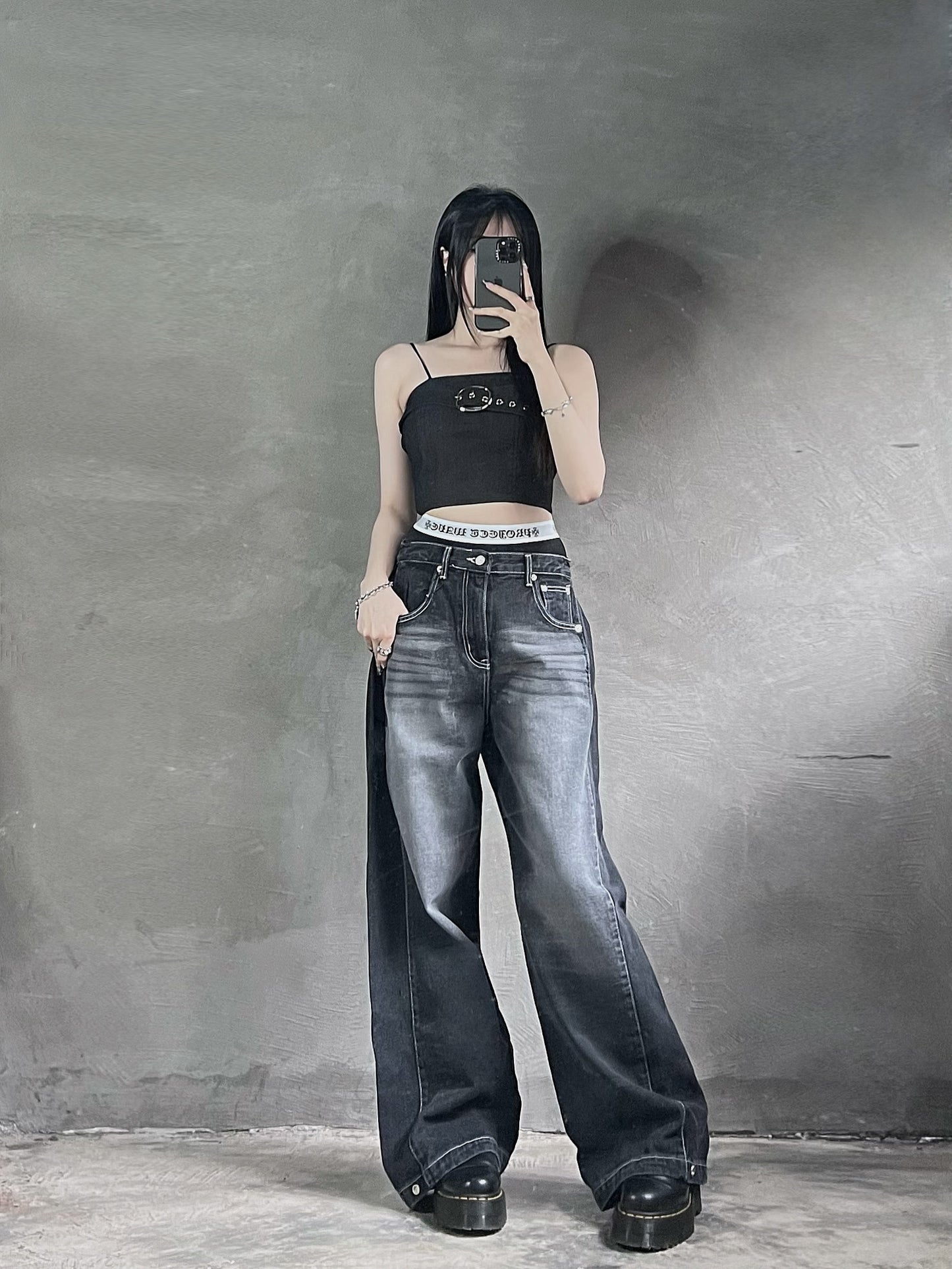 [unisex] 明線洗水啪鈕牛仔褲