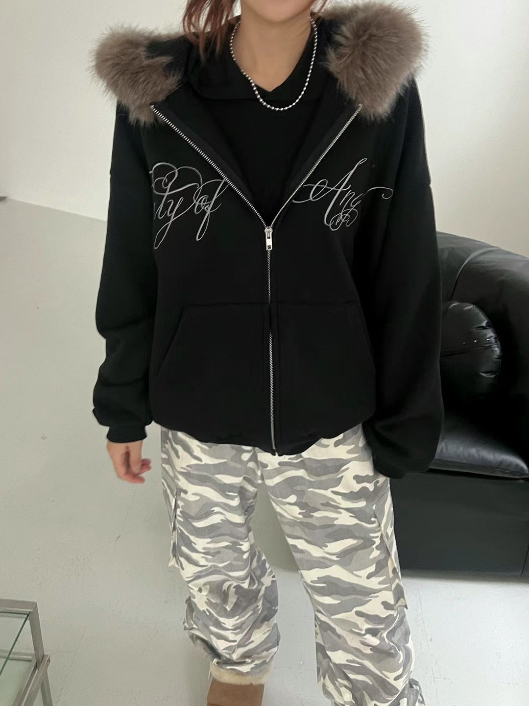 Fur angel hoodie zip up