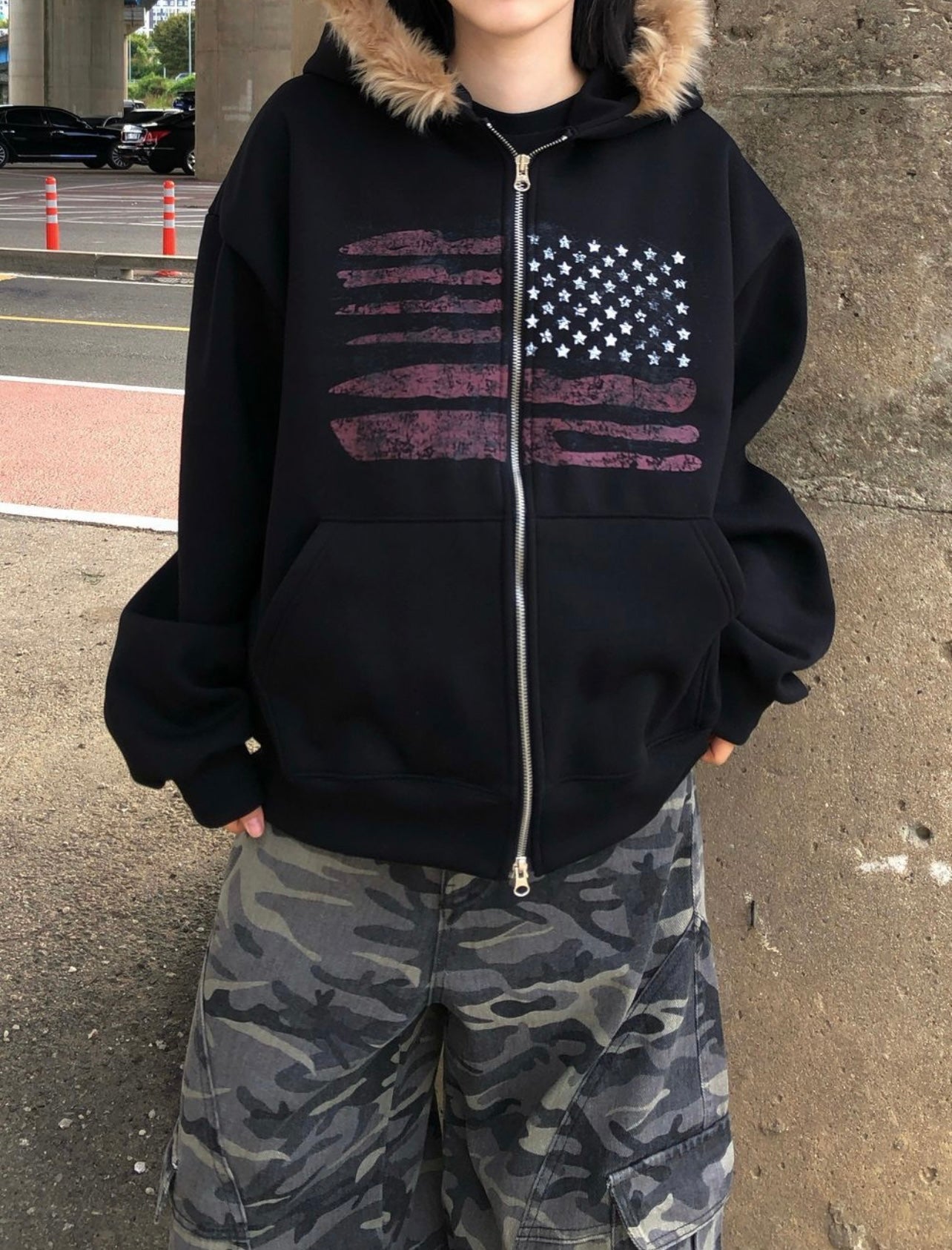 [unisex] American flag fur hoodie zip up