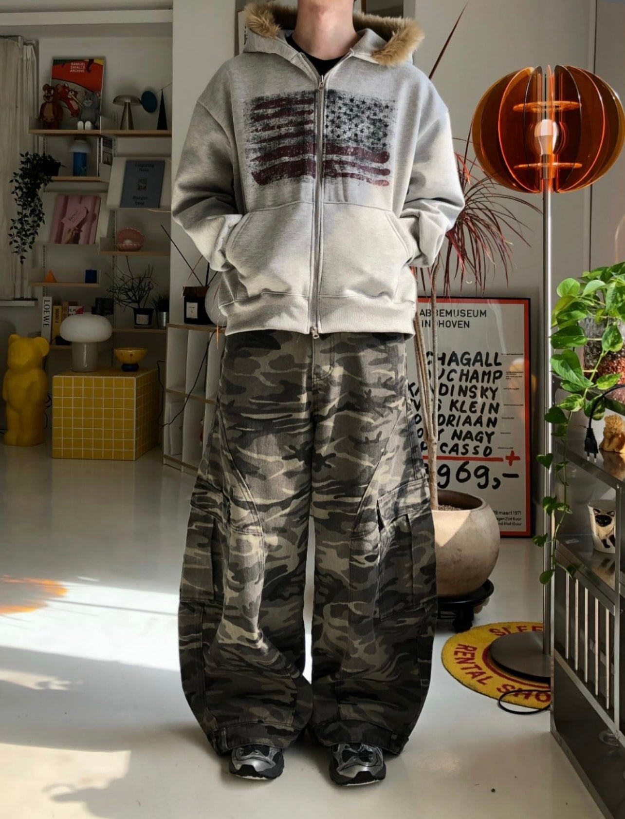 [unisex] American flag fur hoodie zip up