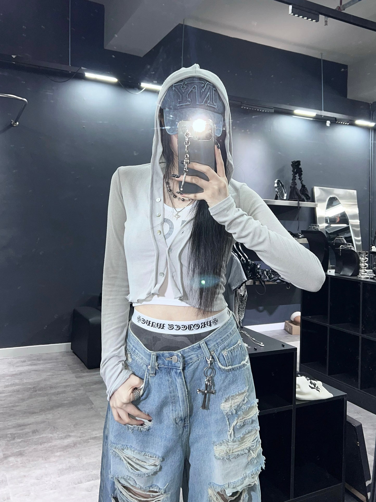 貝殼光澤鈕扣連帽外套