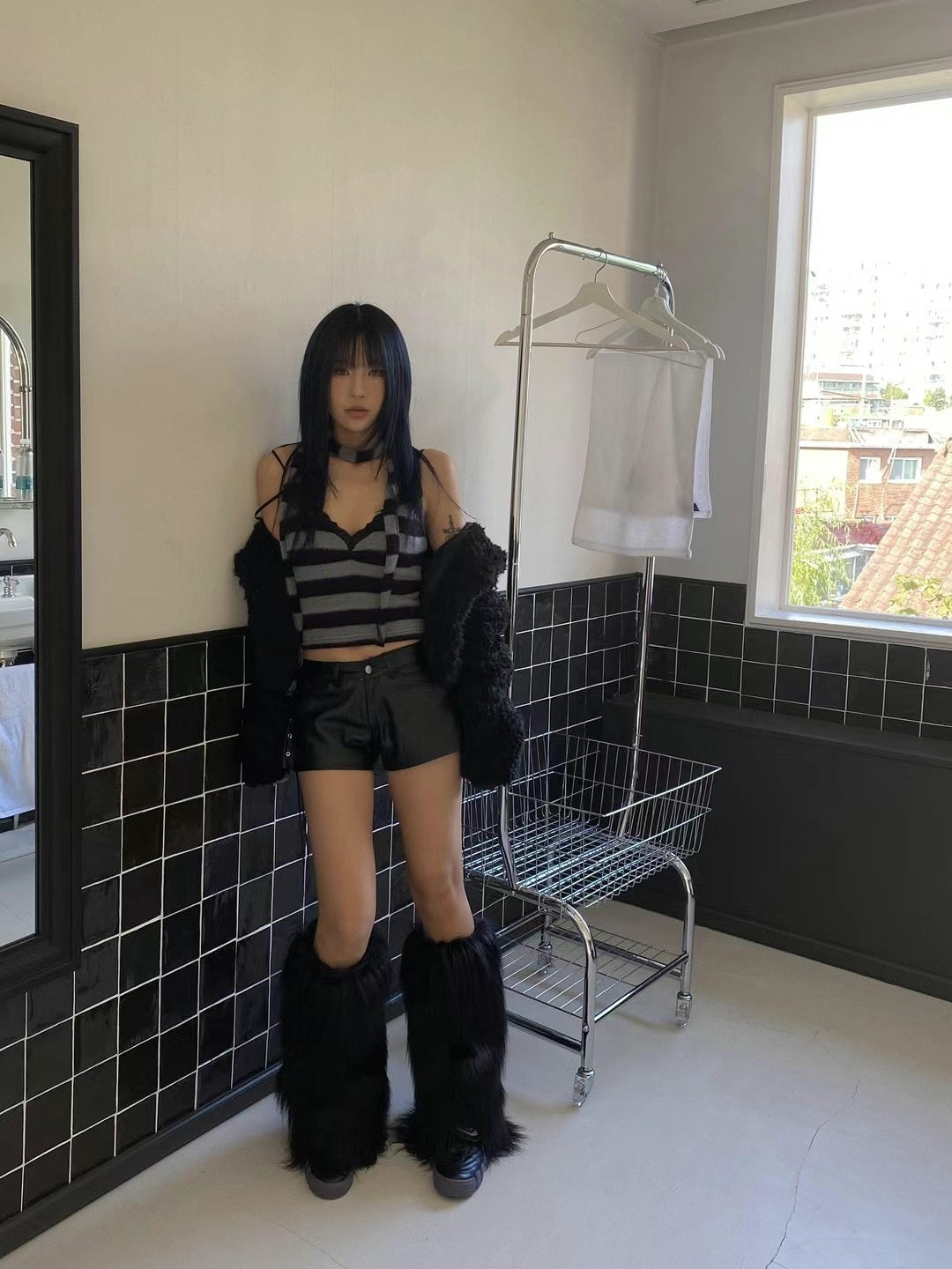 毛絨絨條紋蕾絲背心套裝