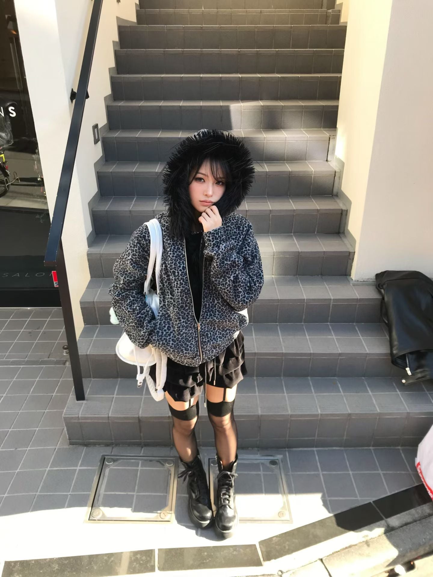‘AH AH’ leopard fur hoodie zip up