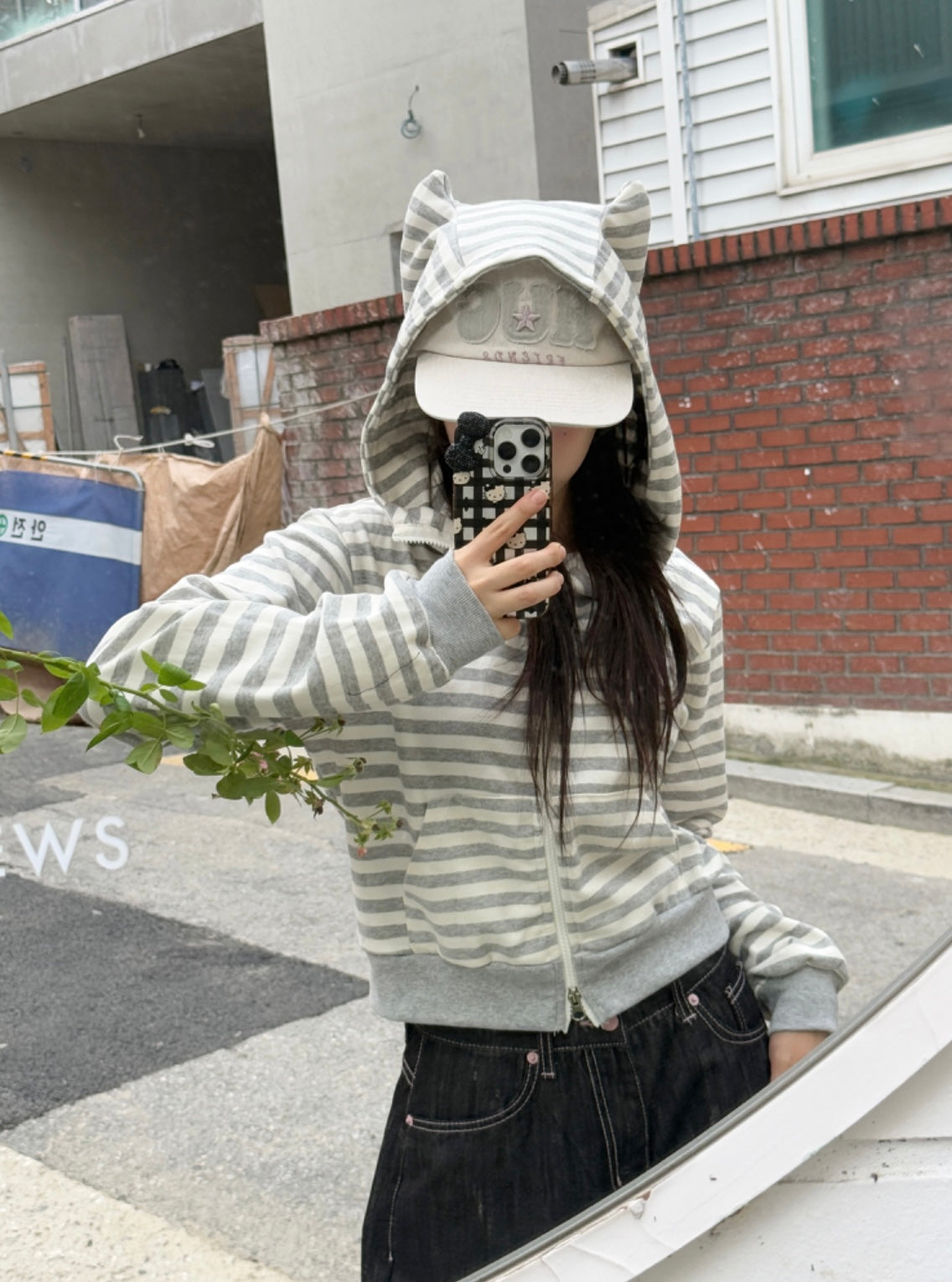 Cat ear stripe crop hoodie