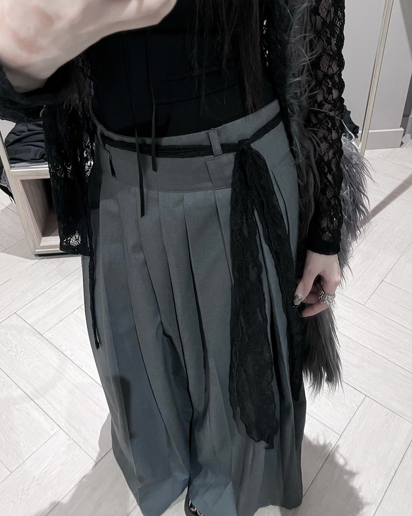 [unisex] 西裝料百摺長裙連皮帶
