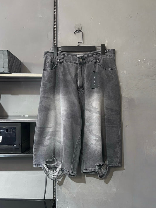 [unisex] 造舊淡色迷彩七分褲