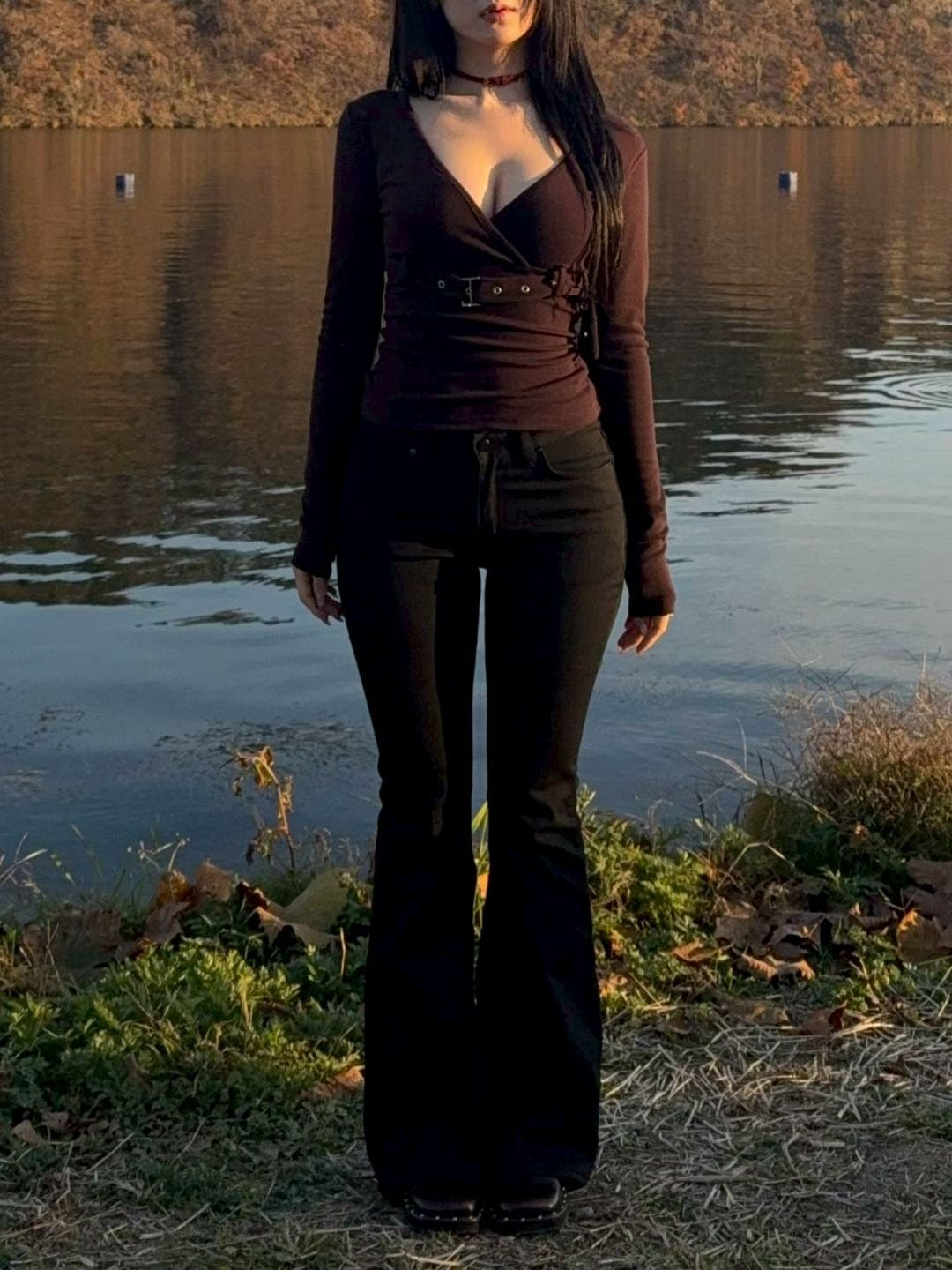 V neck with belt long sleeve