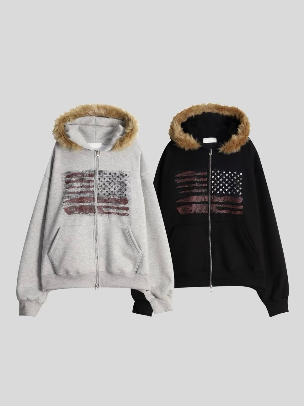 [unisex] American flag fur hoodie zip up