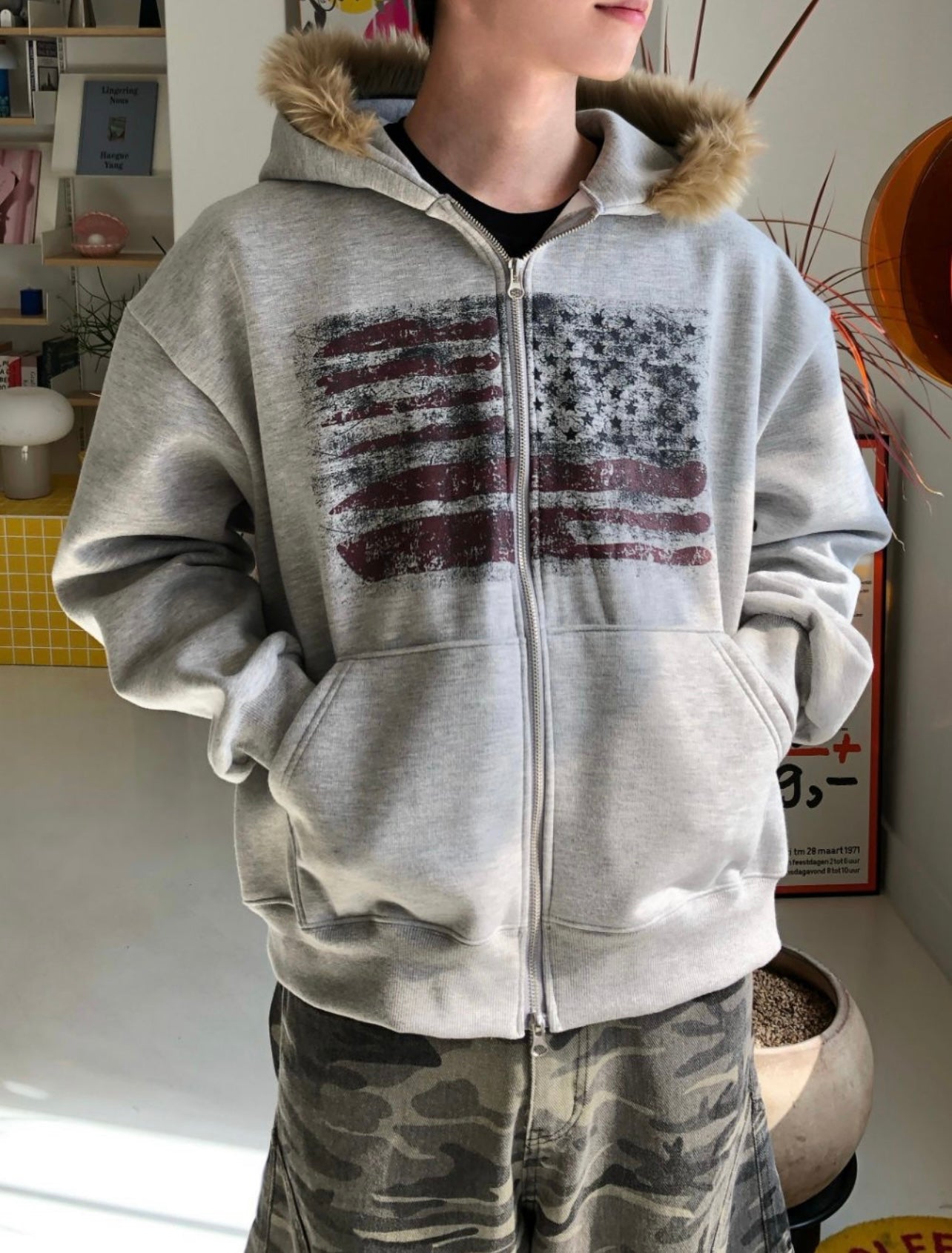 [unisex] American flag fur hoodie zip up