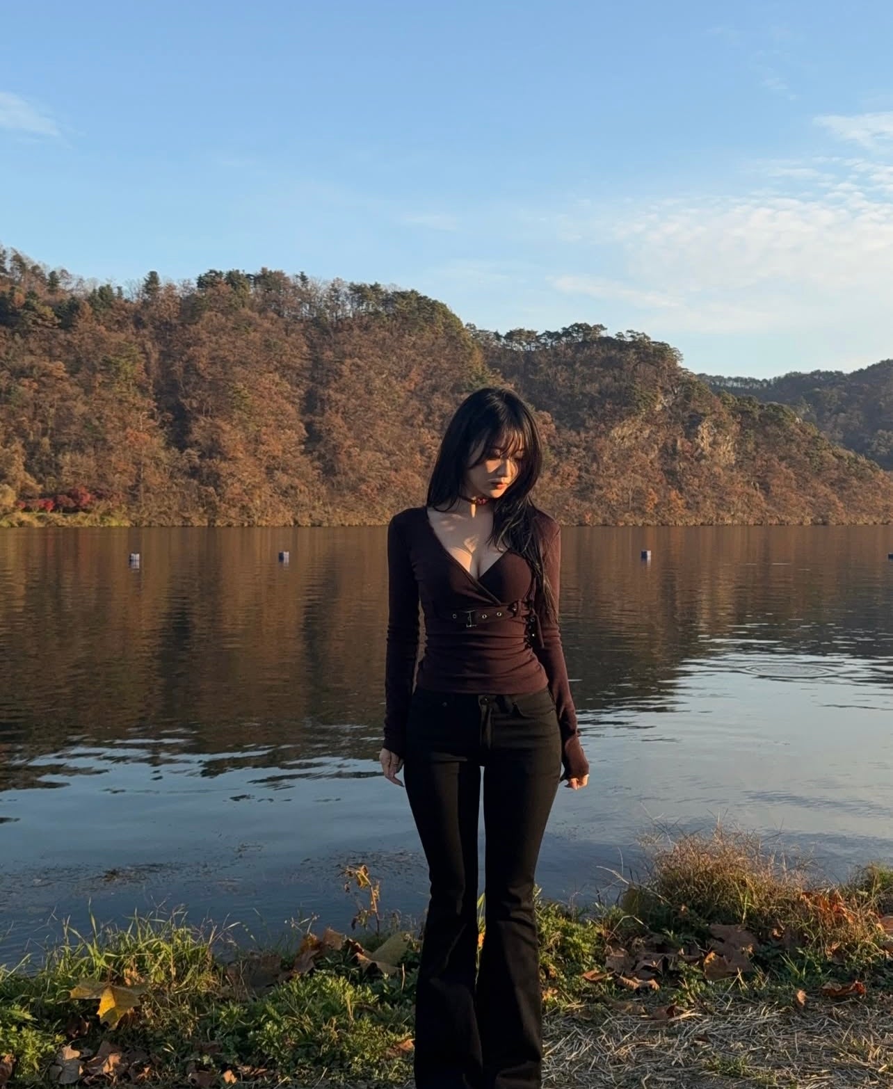 V neck with belt long sleeve