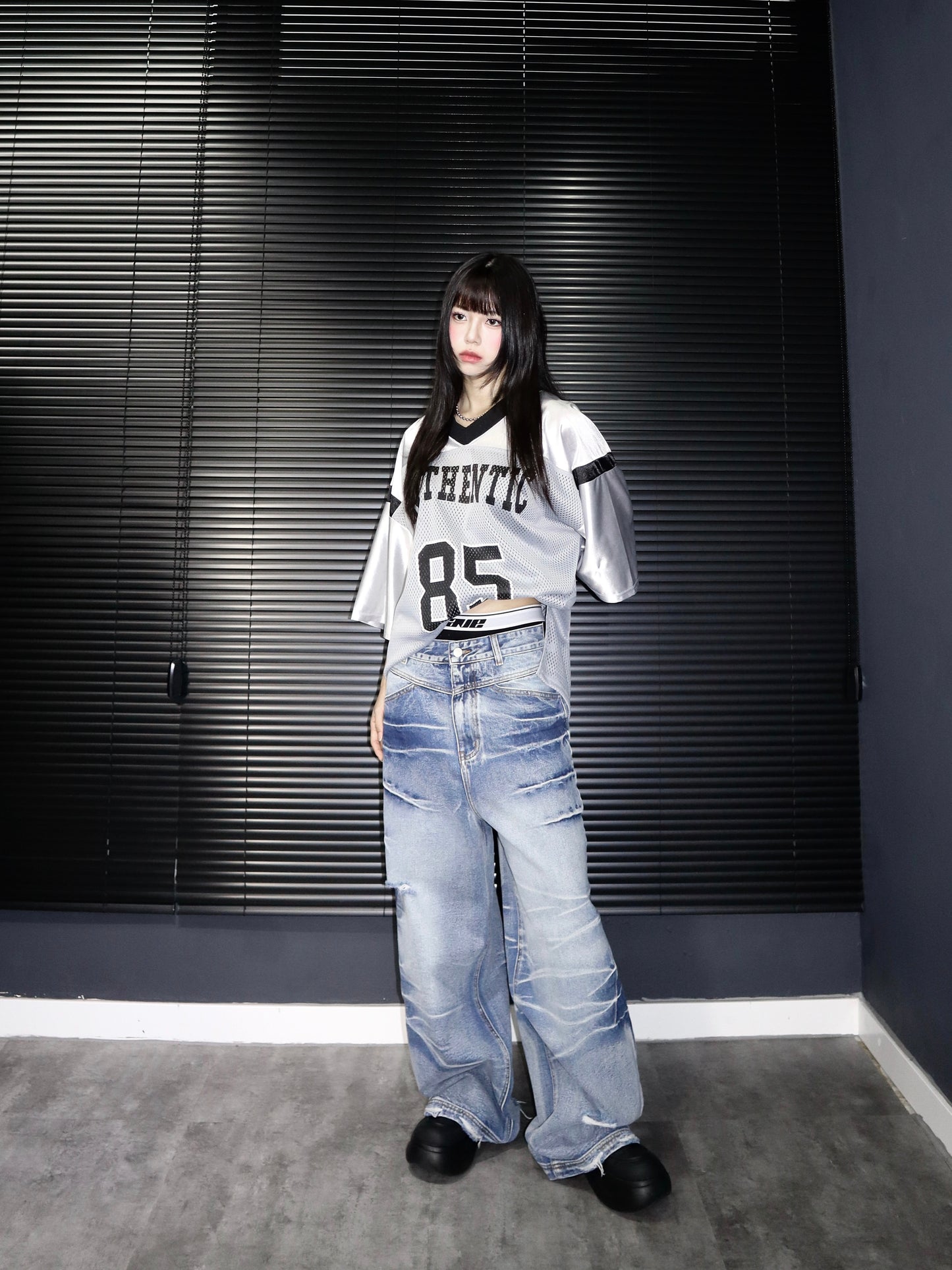 [unisex] 閃電洗水闊腳牛仔褲