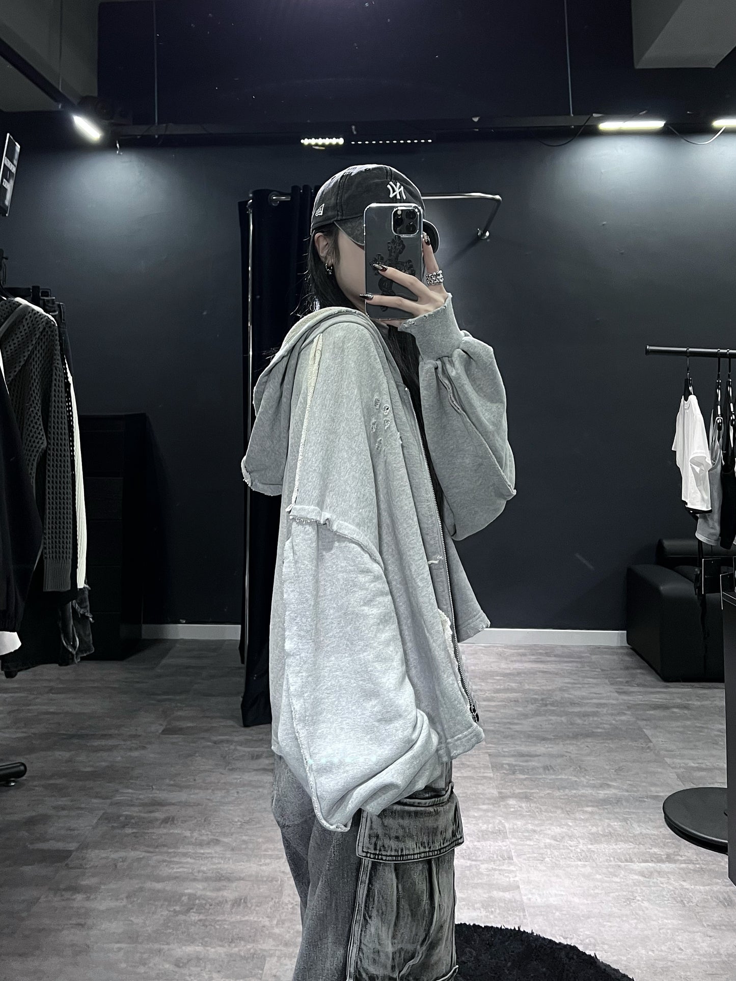 [unisex]磨爛邊雙拉鍊連帽衛衣