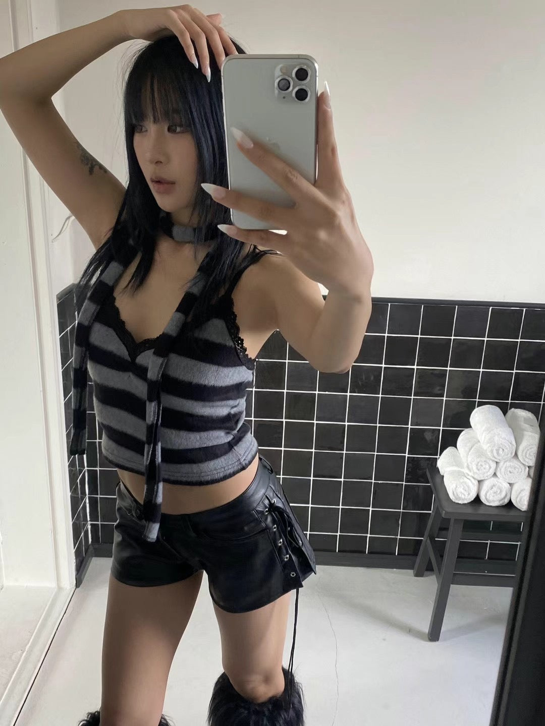 毛絨絨條紋蕾絲背心套裝
