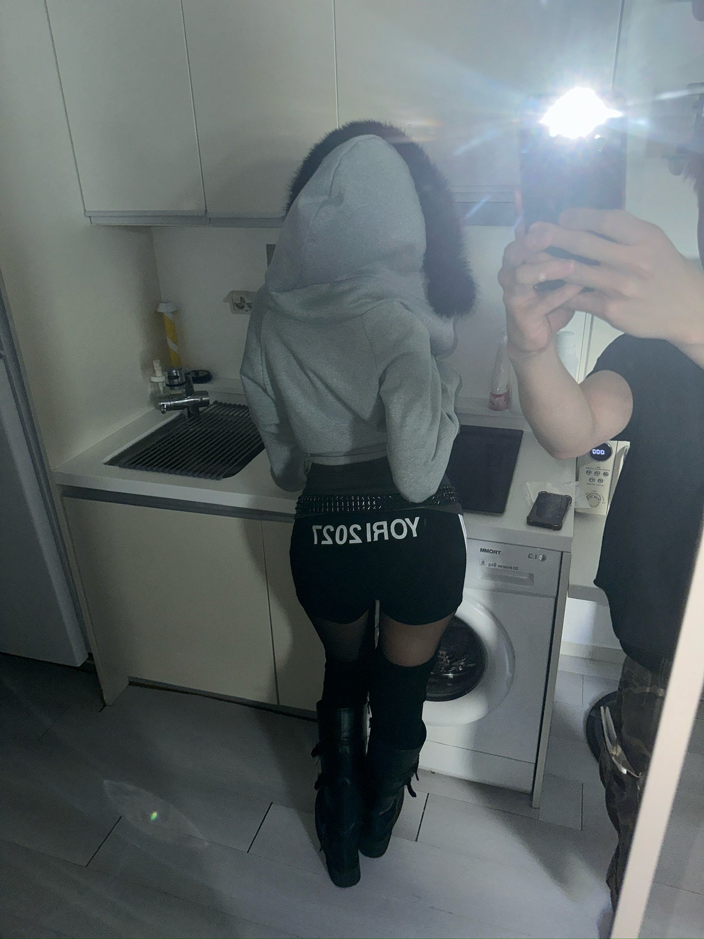 ‘Jealous type’ fur cropped hoodie zip up