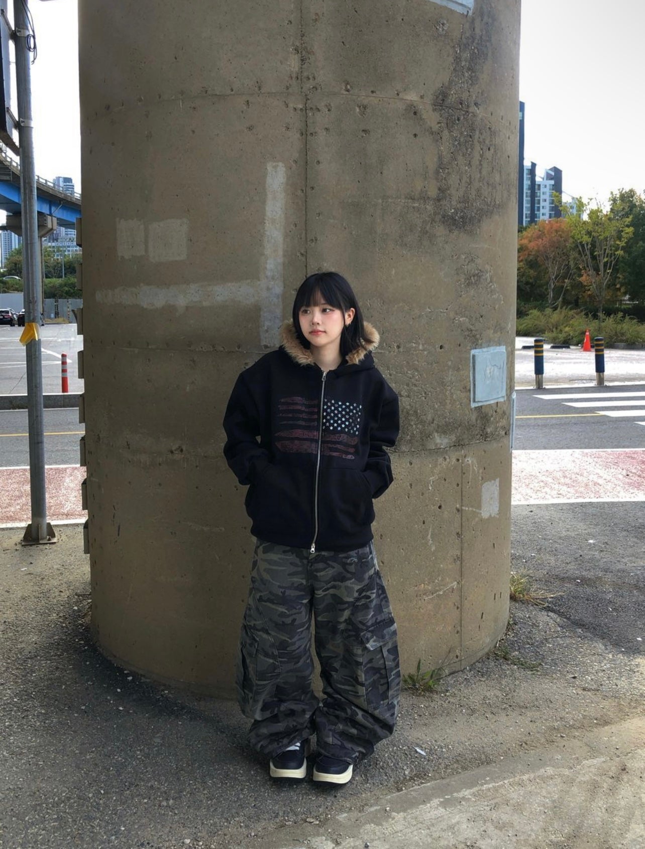 [unisex] American flag fur hoodie zip up