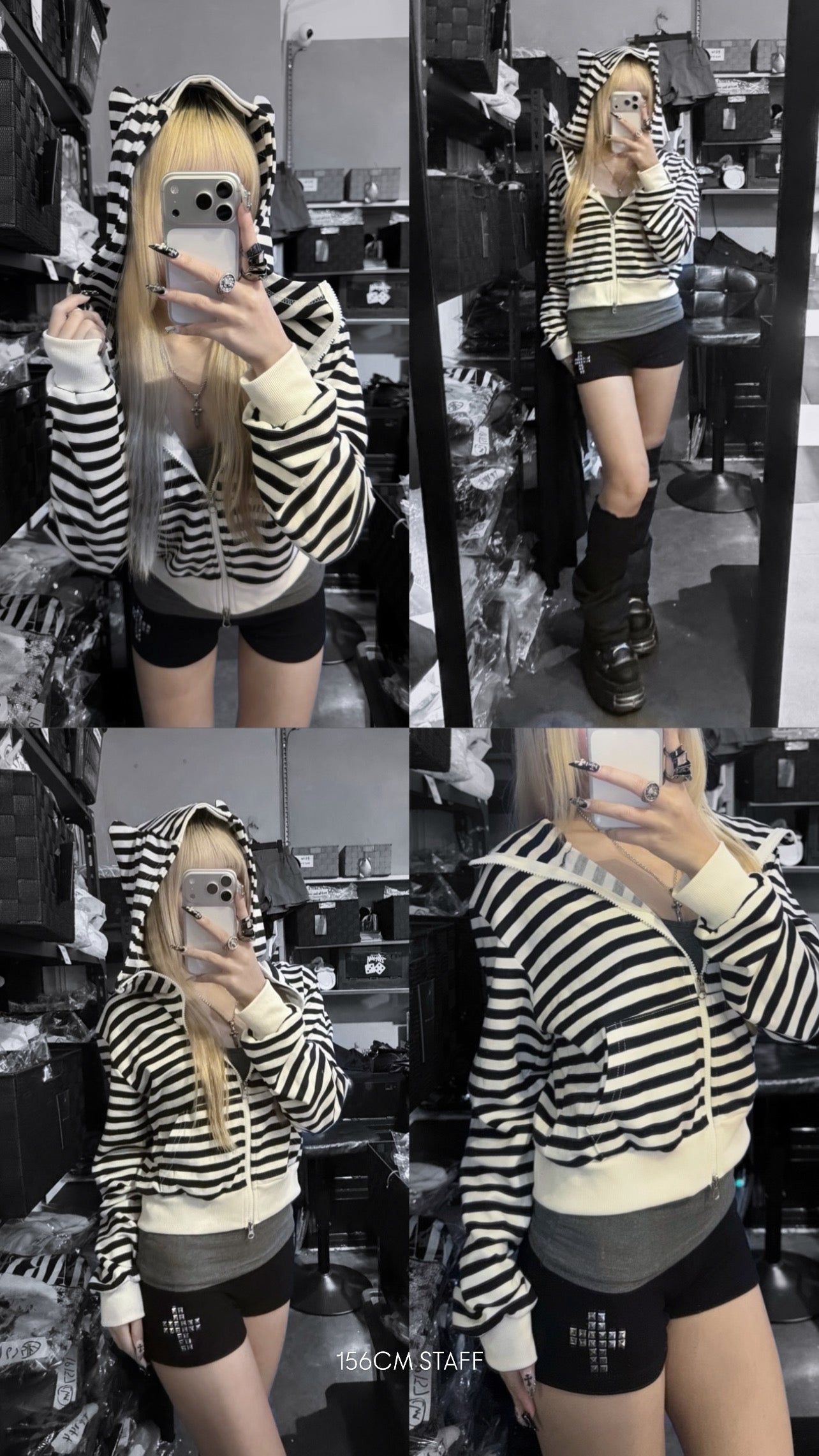 Cat ear stripe crop hoodie