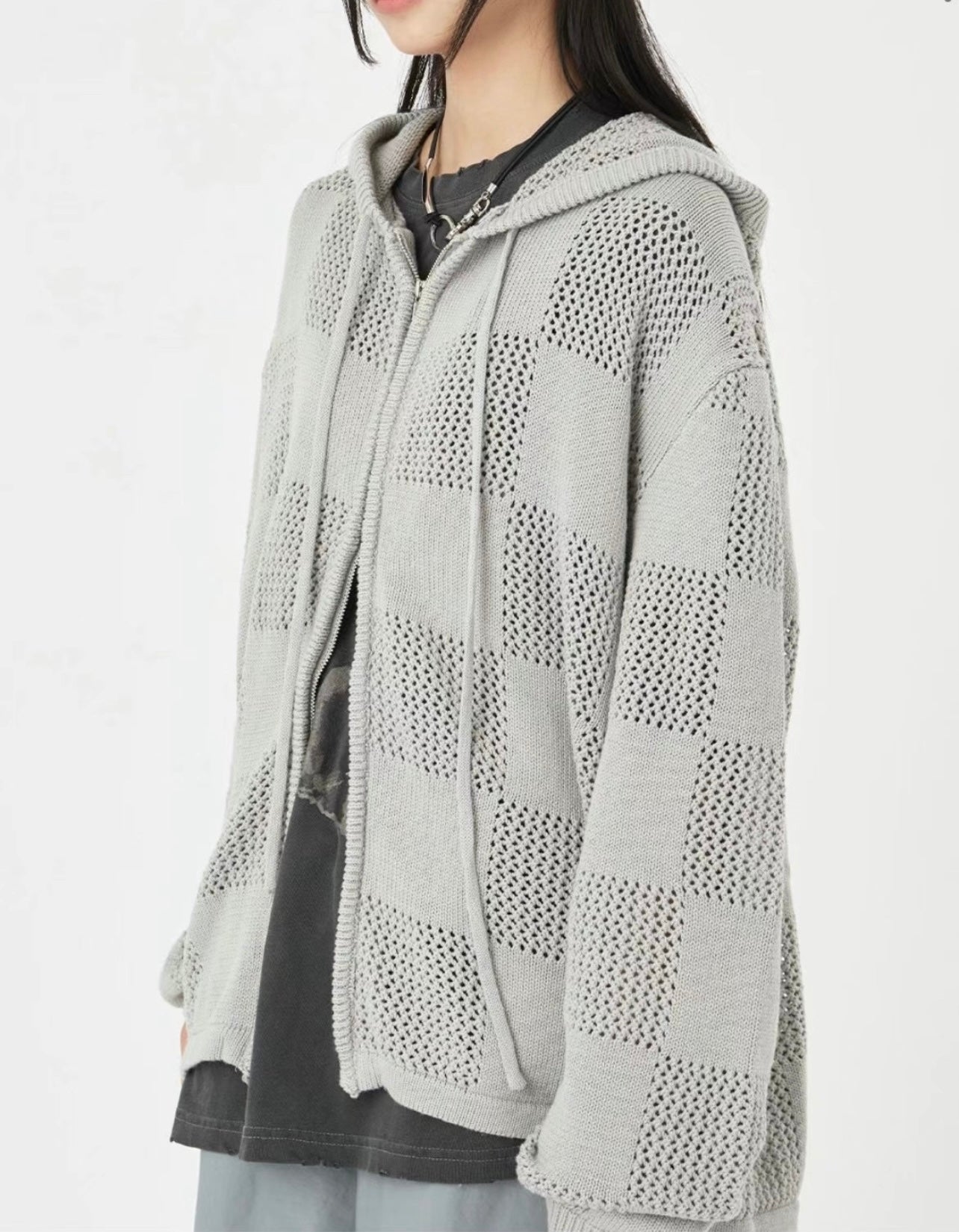 [unisex] Chess pattern knit zipup hoodie