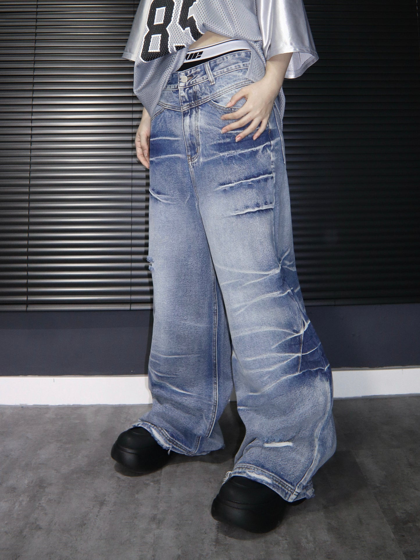 [unisex] 閃電洗水闊腳牛仔褲