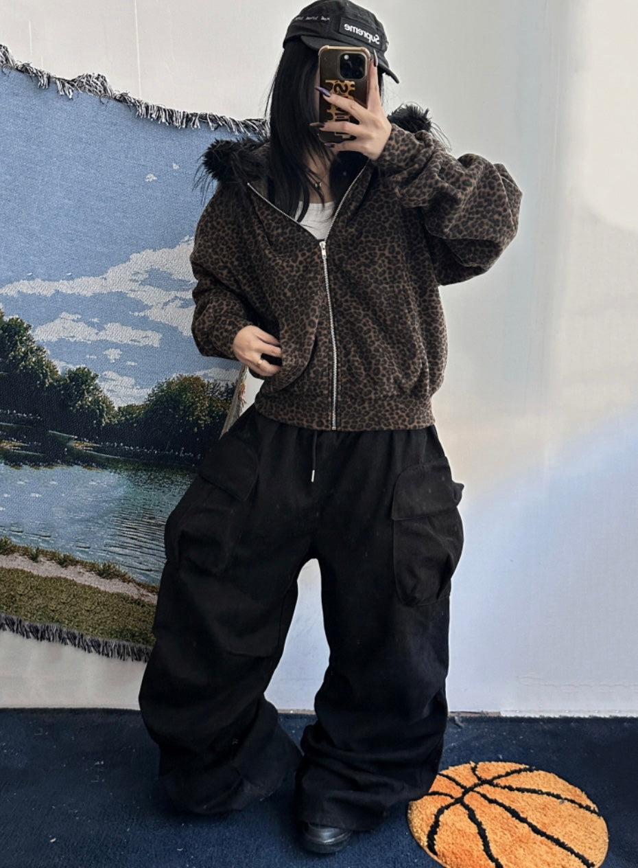 ‘AH AH’ leopard fur hoodie zip up