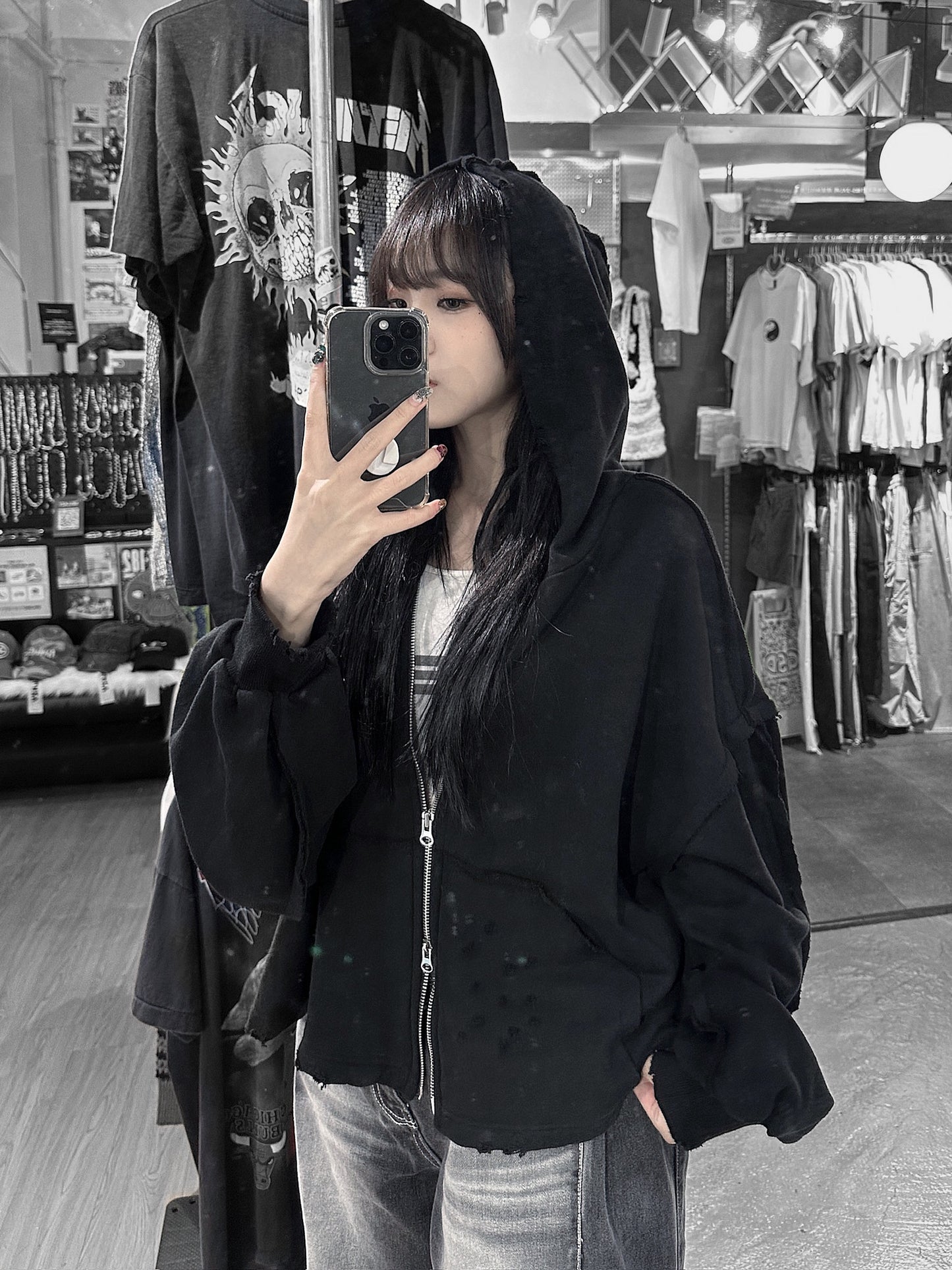 [unisex]磨爛邊雙拉鍊連帽衛衣