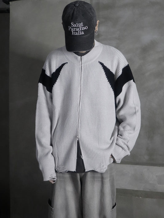 [unisex] Sharp line damaged zipup knitwear