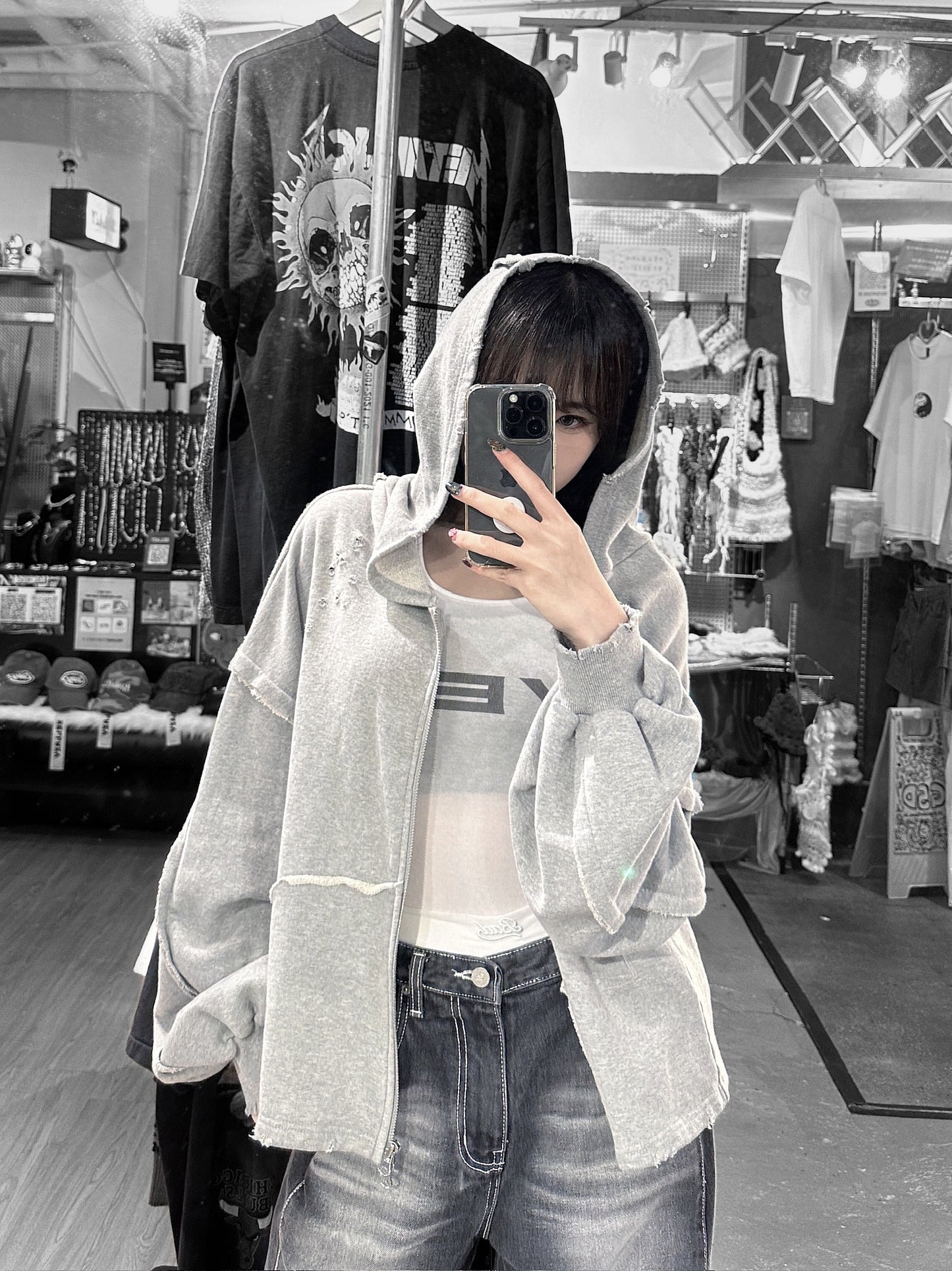 [unisex]磨爛邊雙拉鍊連帽衛衣