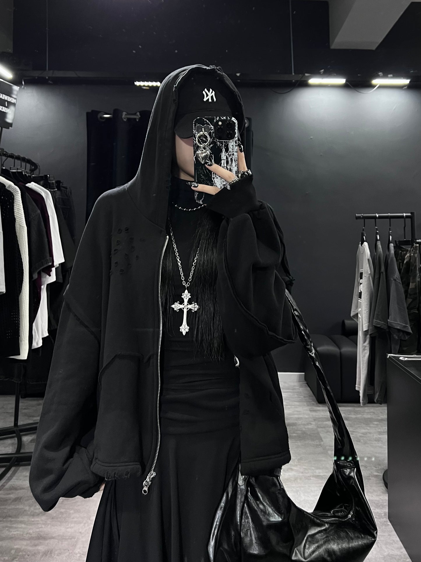 [unisex]磨爛邊雙拉鍊連帽衛衣