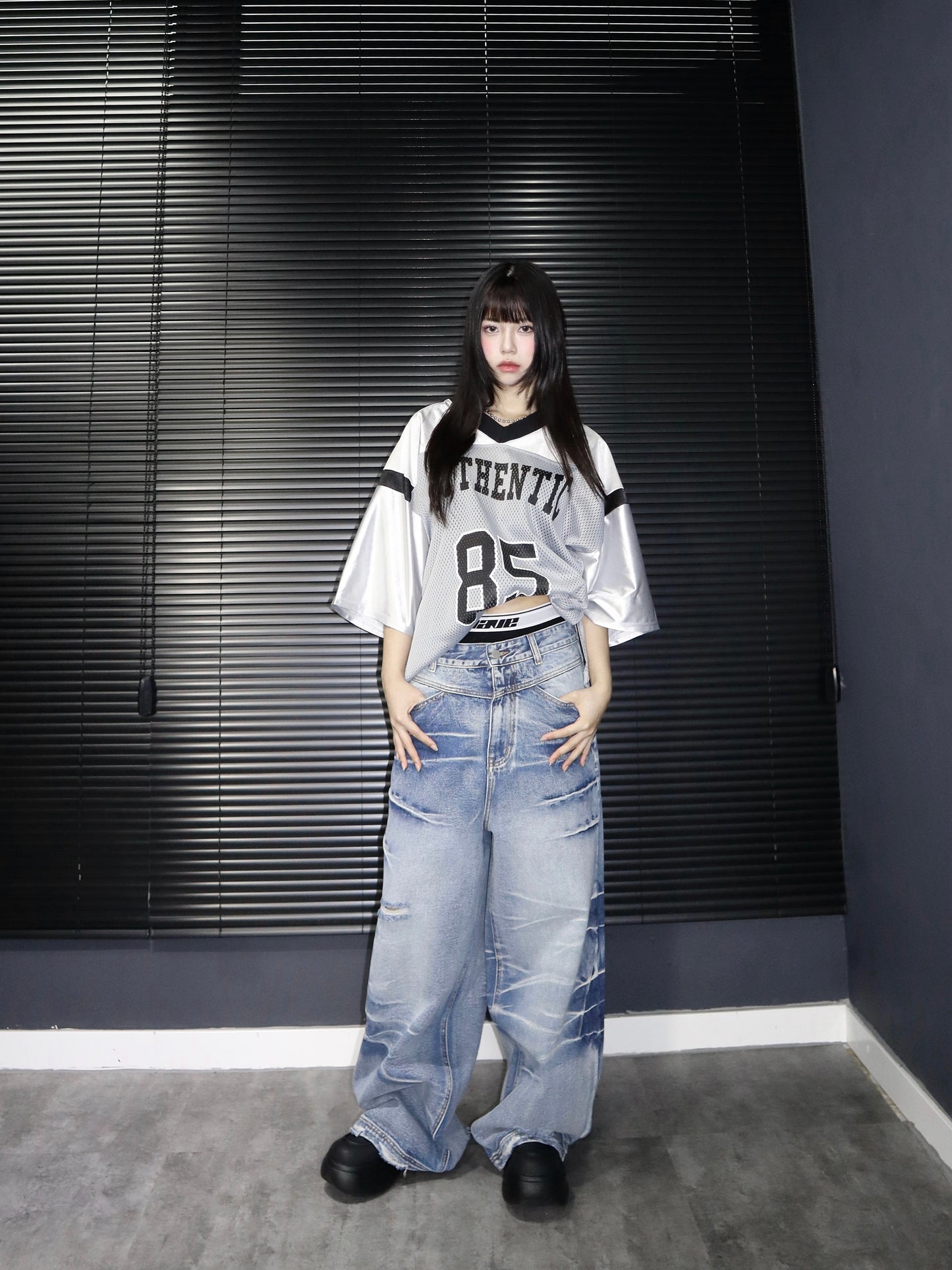 [unisex] 閃電洗水闊腳牛仔褲