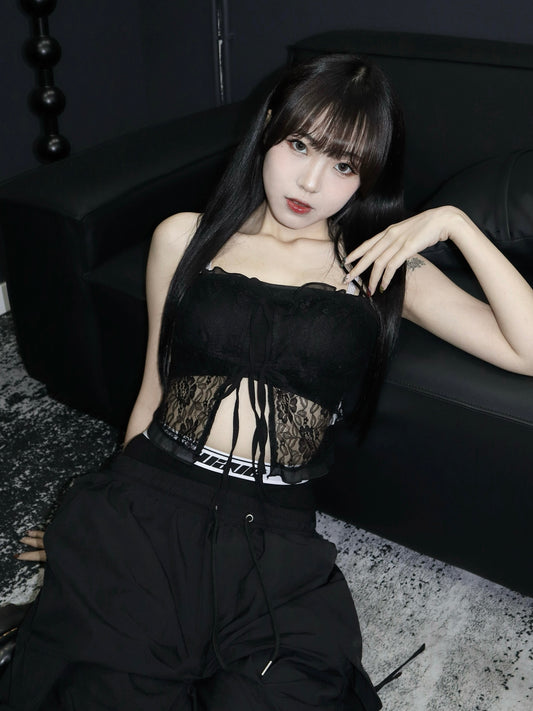 Ribbon lace fungus side tank top