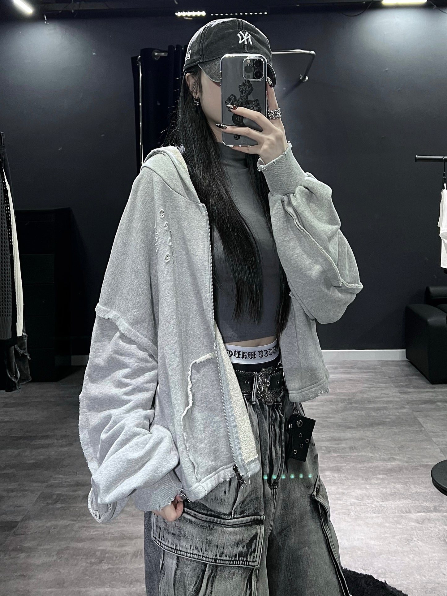 [unisex]磨爛邊雙拉鍊連帽衛衣