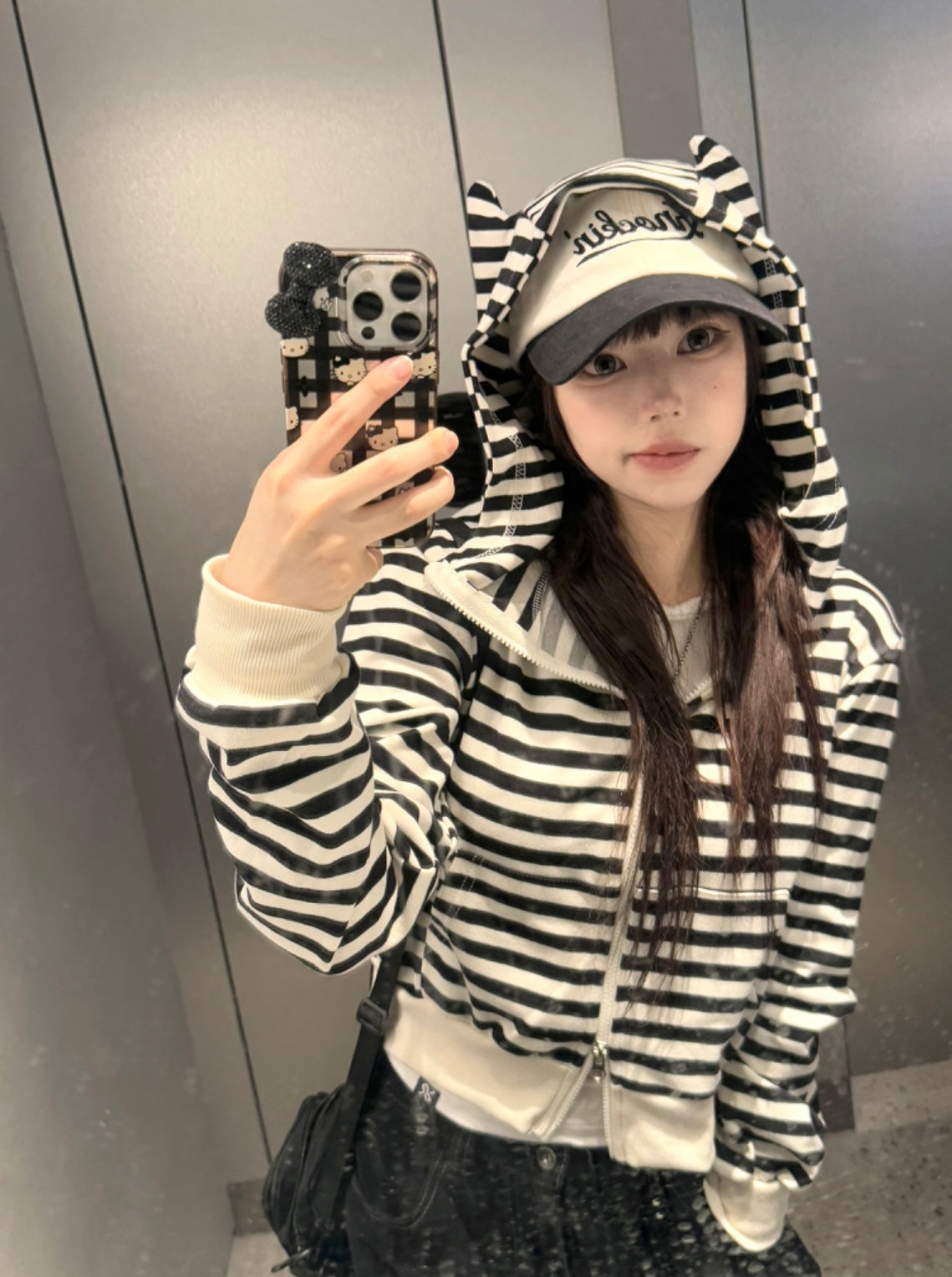 Cat ear stripe crop hoodie