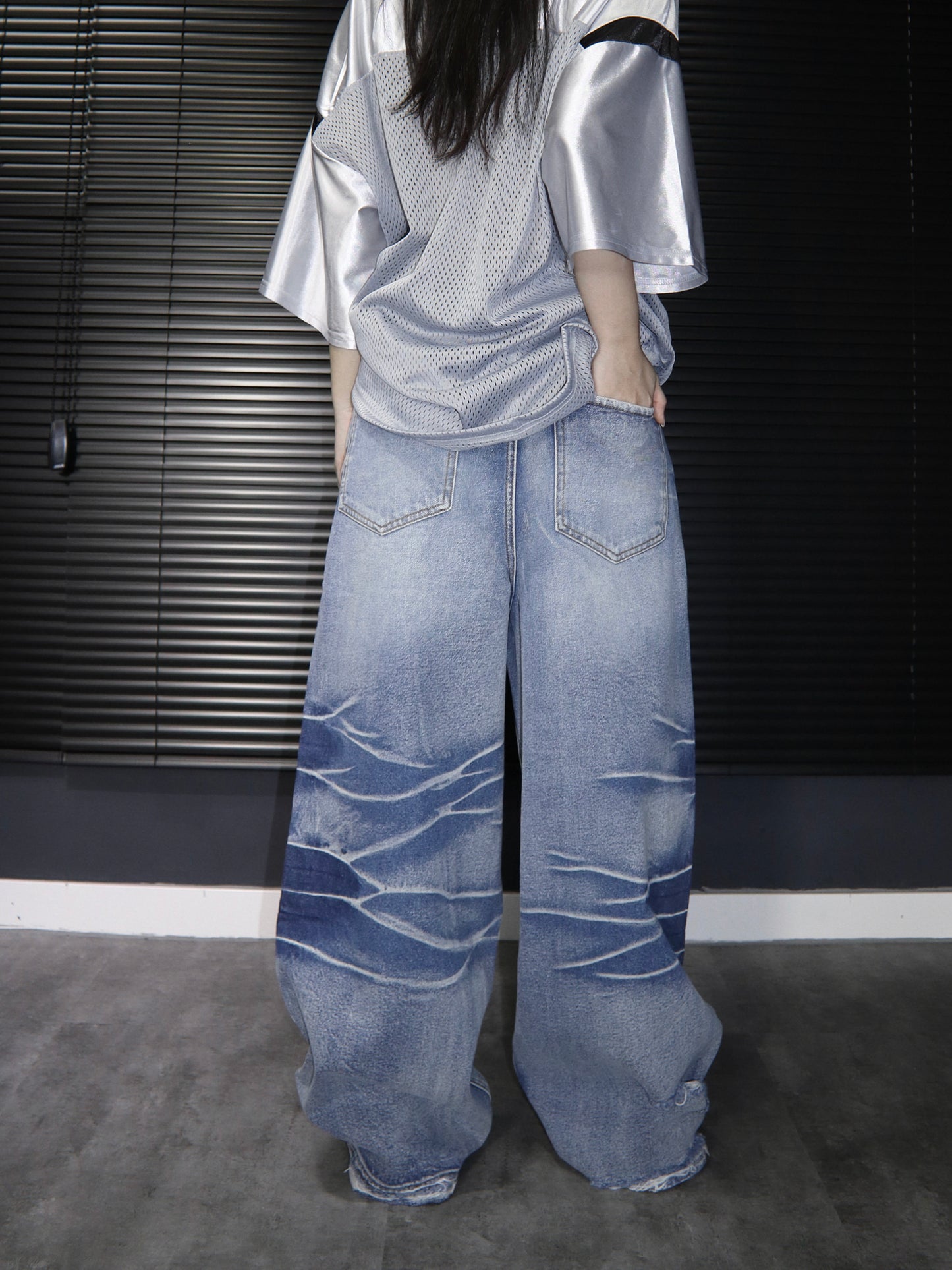 [unisex] 閃電洗水闊腳牛仔褲