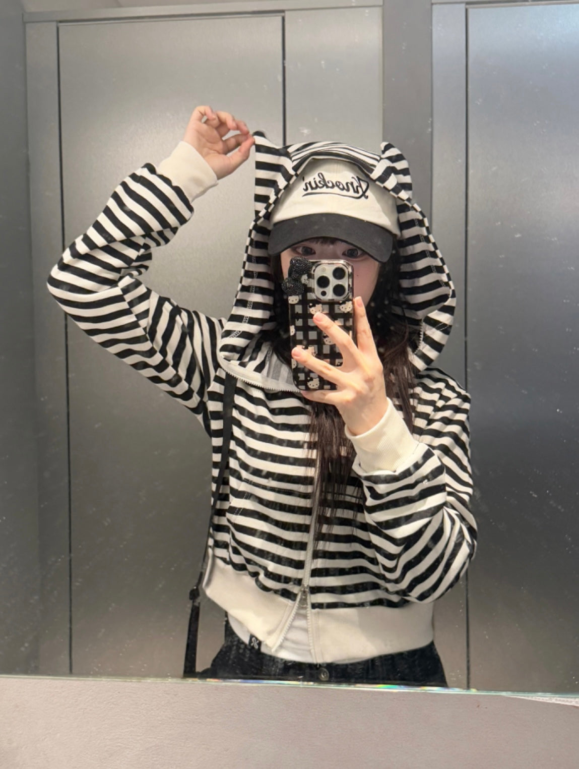 Cat ear stripe crop hoodie