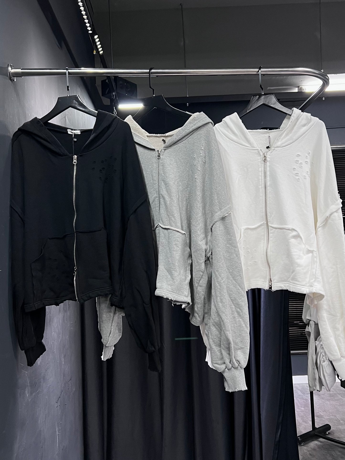 [unisex]磨爛邊雙拉鍊連帽衛衣