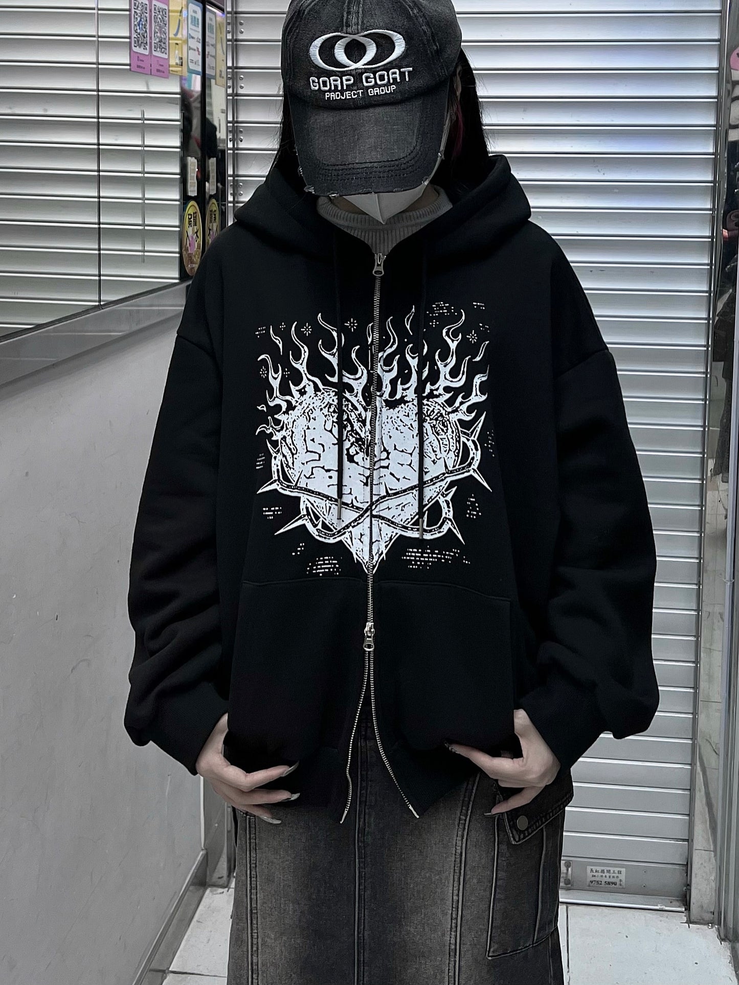 火焰愛心圖案加絨衛衣外套 | 兩色