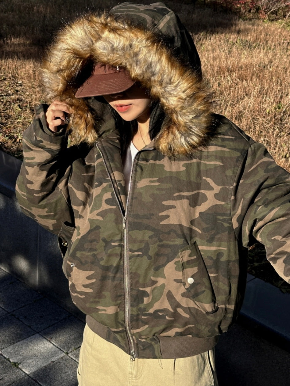 [ unisex ] 迷彩卜卜毛領外套