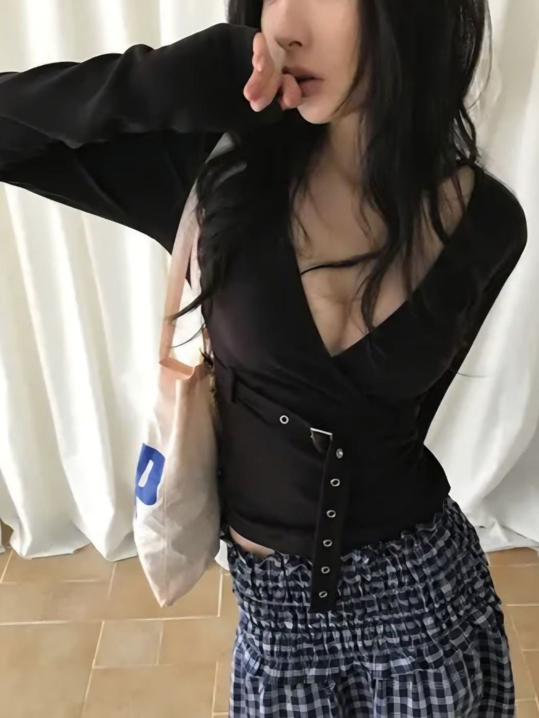 V neck with belt long sleeve